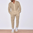 Linen Co Ord - Men's Beige Shirt and Pants Two-Piece Set for Summer