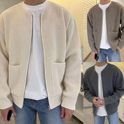 Knitted Cardigan - Men's Chunky Full Zip-Up Cardigan with Pockets