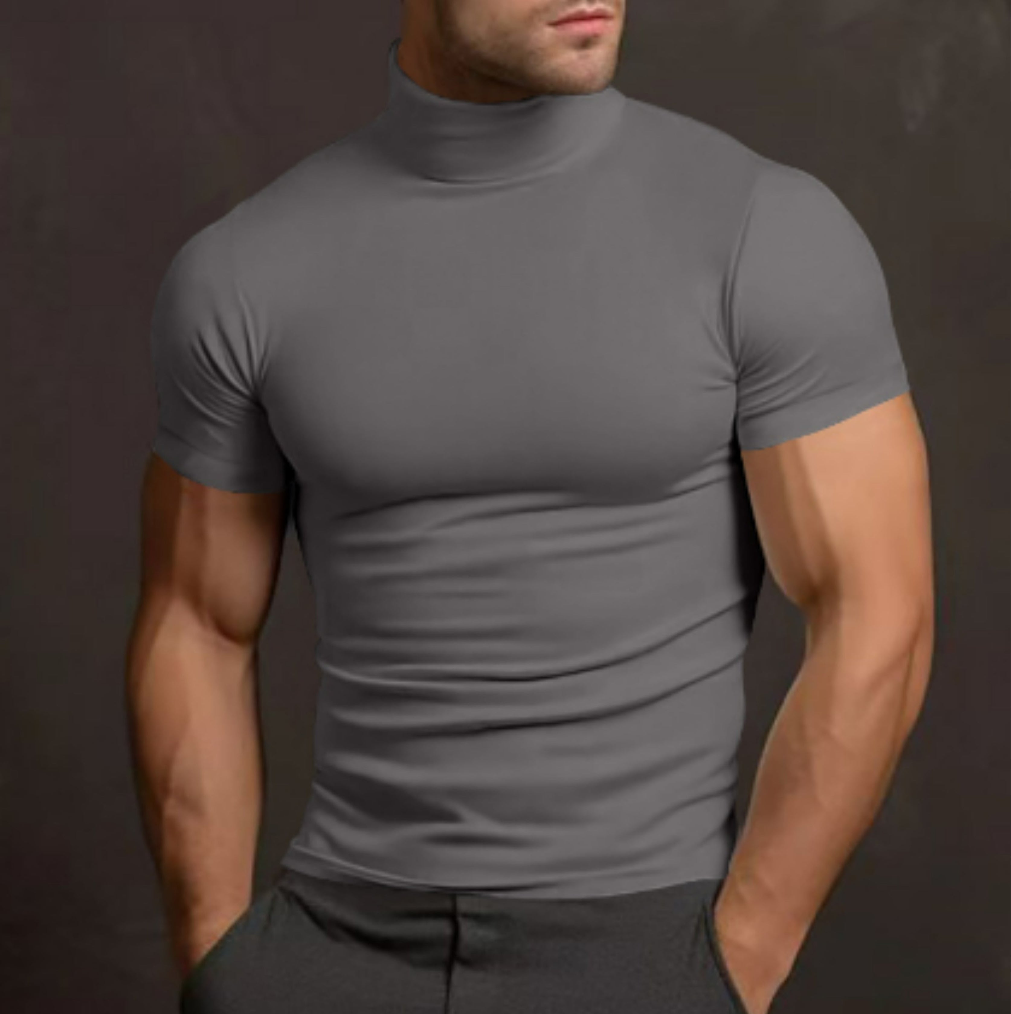 Turtleneck T-Shirt - Men's High Neck Slim Fit Short Sleeve Sweater