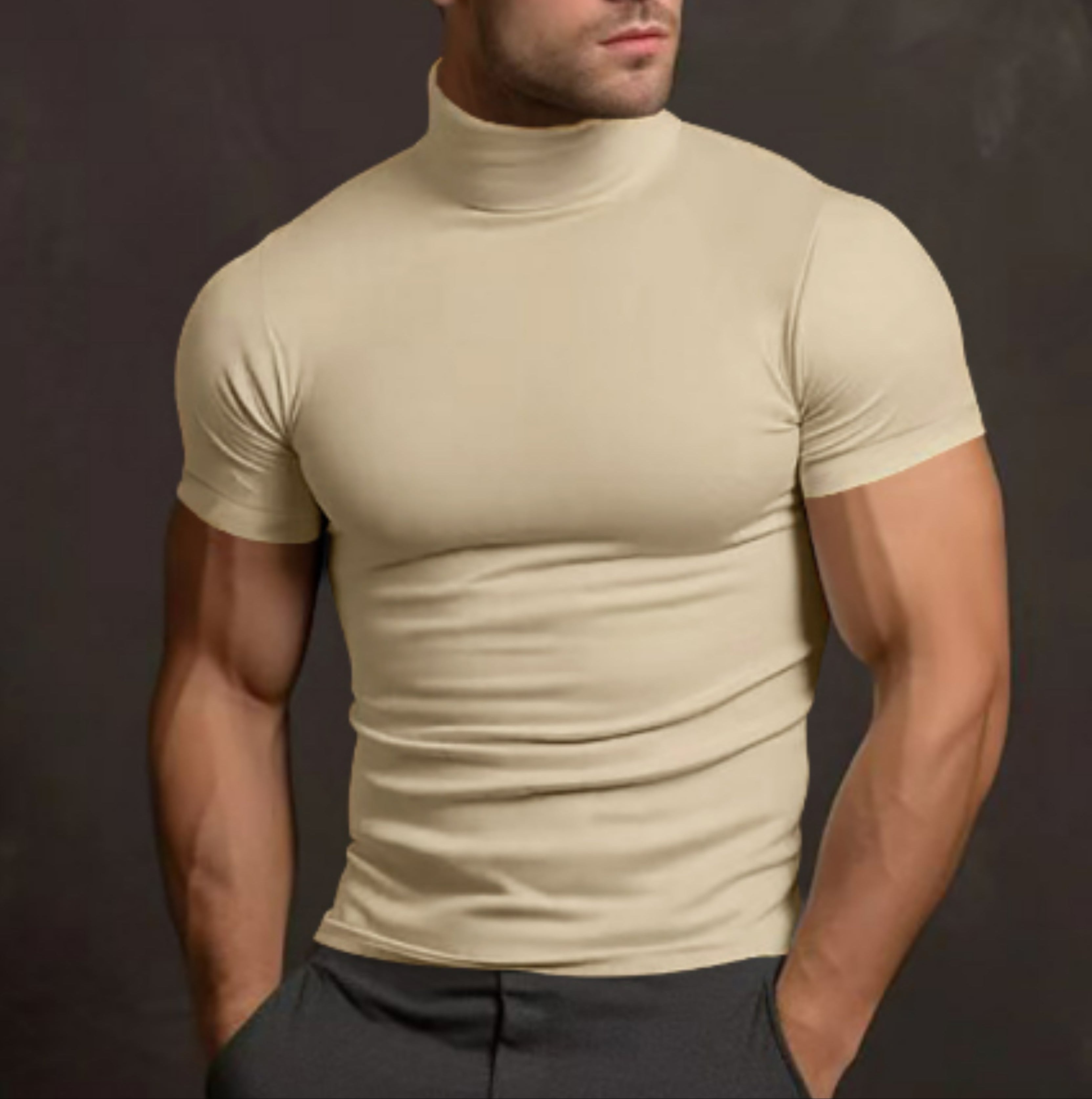 Turtleneck T-Shirt - Men's High Neck Slim Fit Short Sleeve Sweater