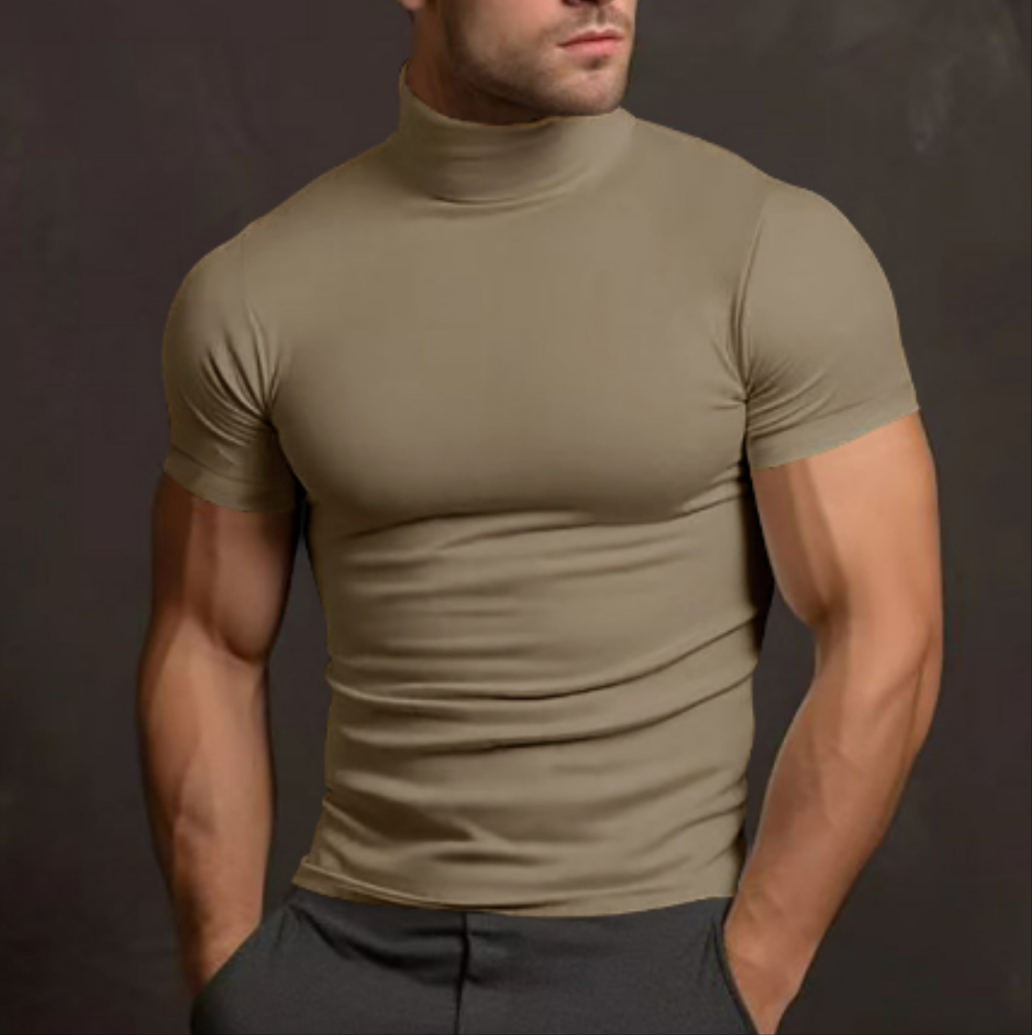 Turtleneck T-Shirt - Men's High Neck Slim Fit Short Sleeve Sweater