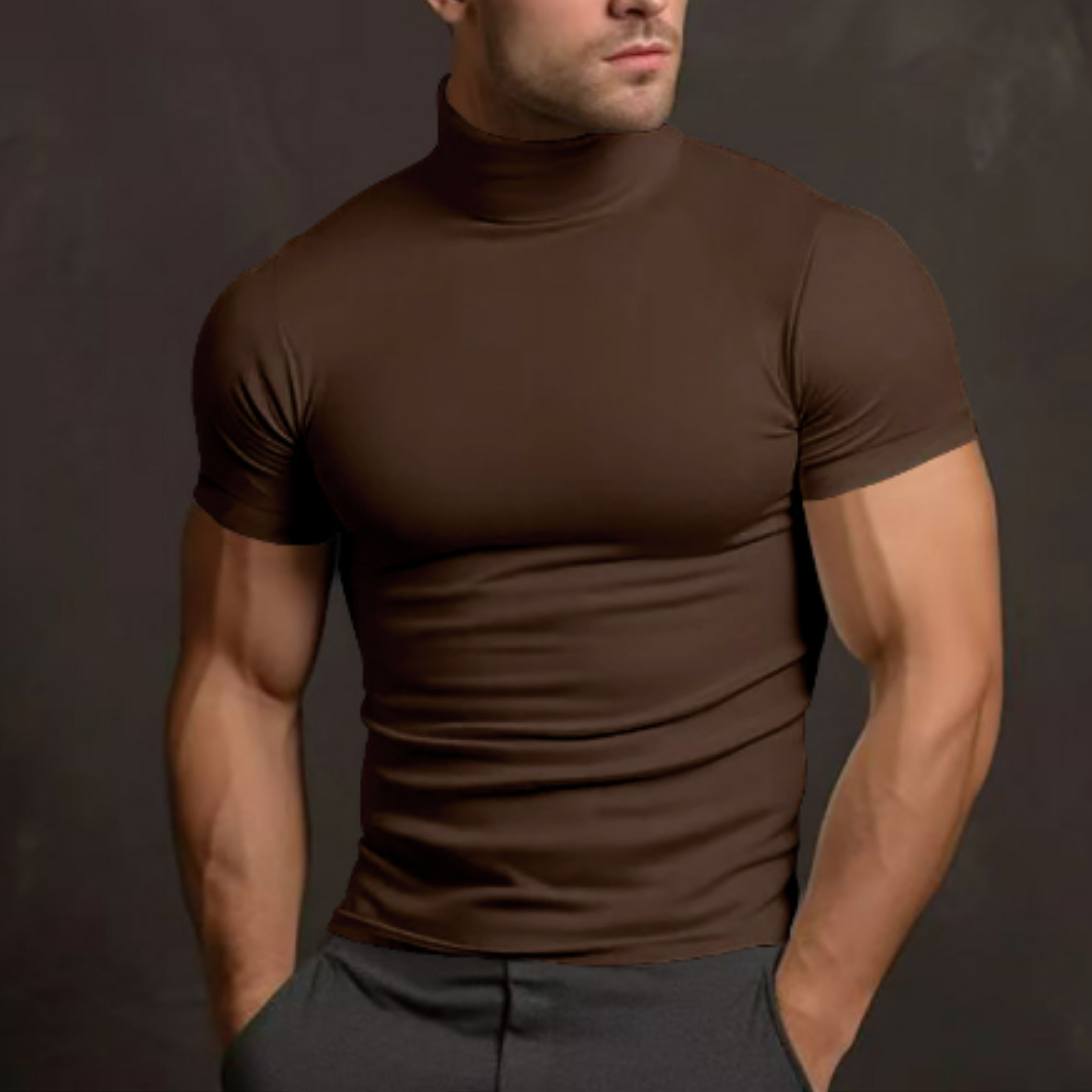 Turtleneck T-Shirt - Men's High Neck Slim Fit Short Sleeve Sweater