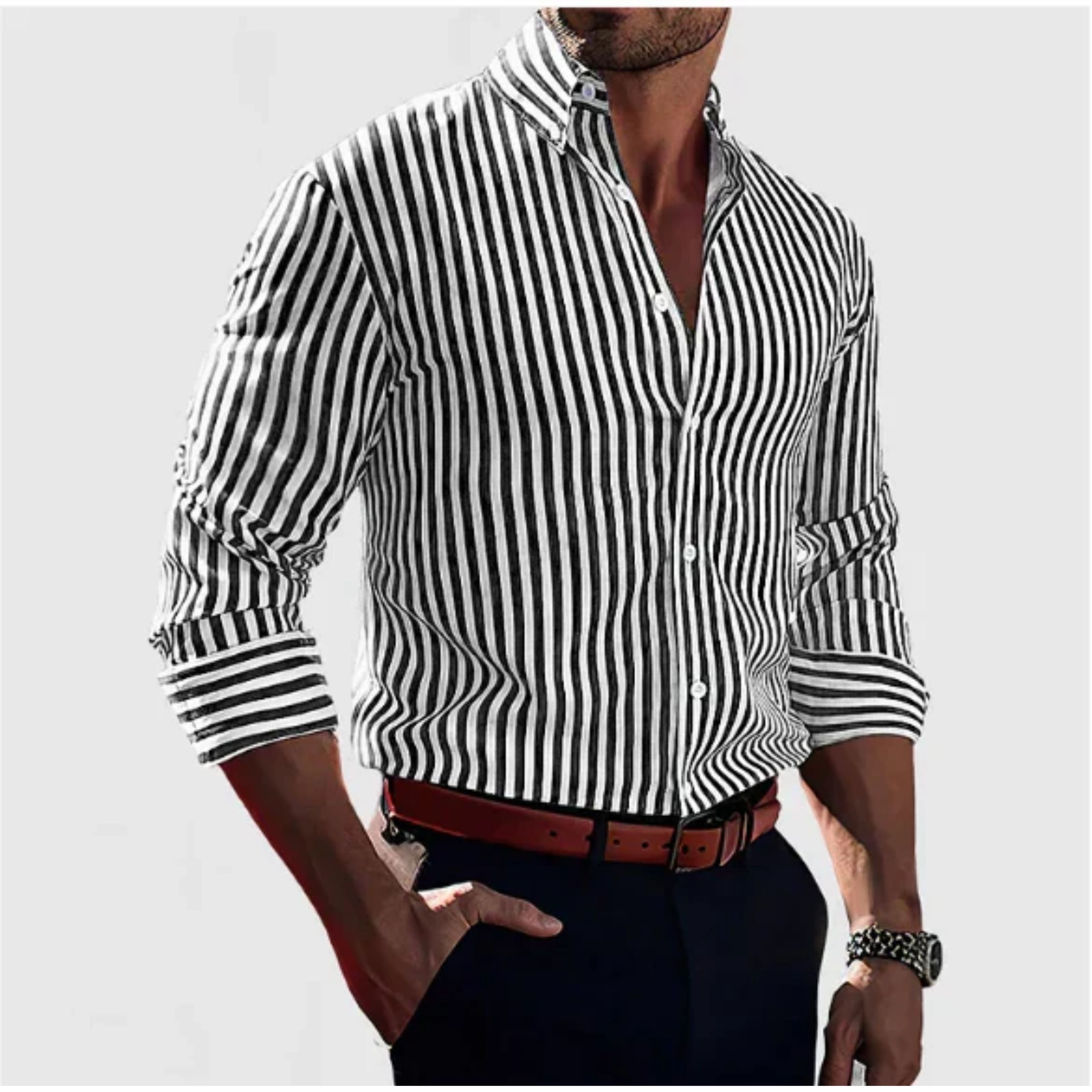 Button-Up Shirt - Men's Collared Striped Long Sleeve Dress Shirt