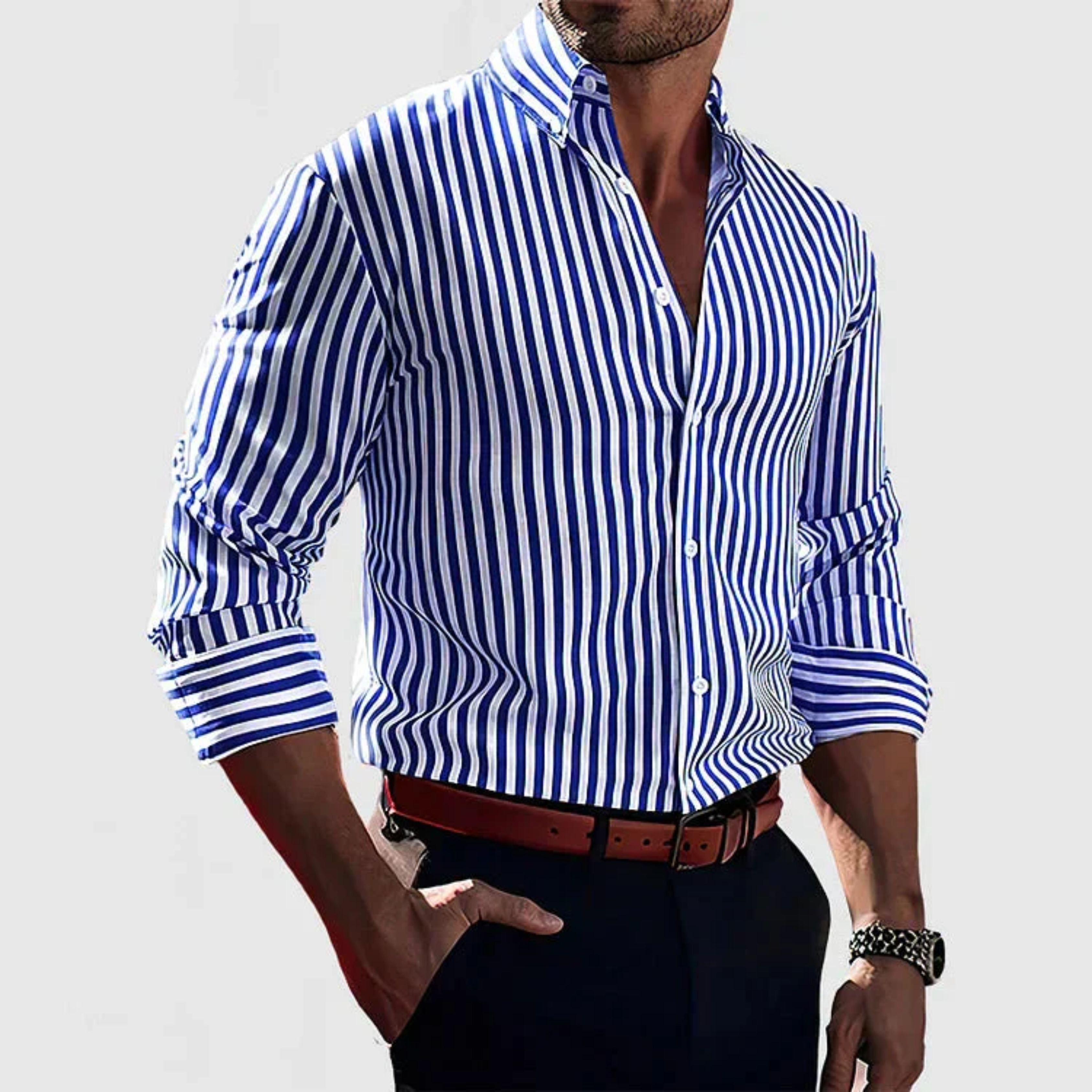 Button-Up Shirt - Men's Collared Striped Long Sleeve Dress Shirt