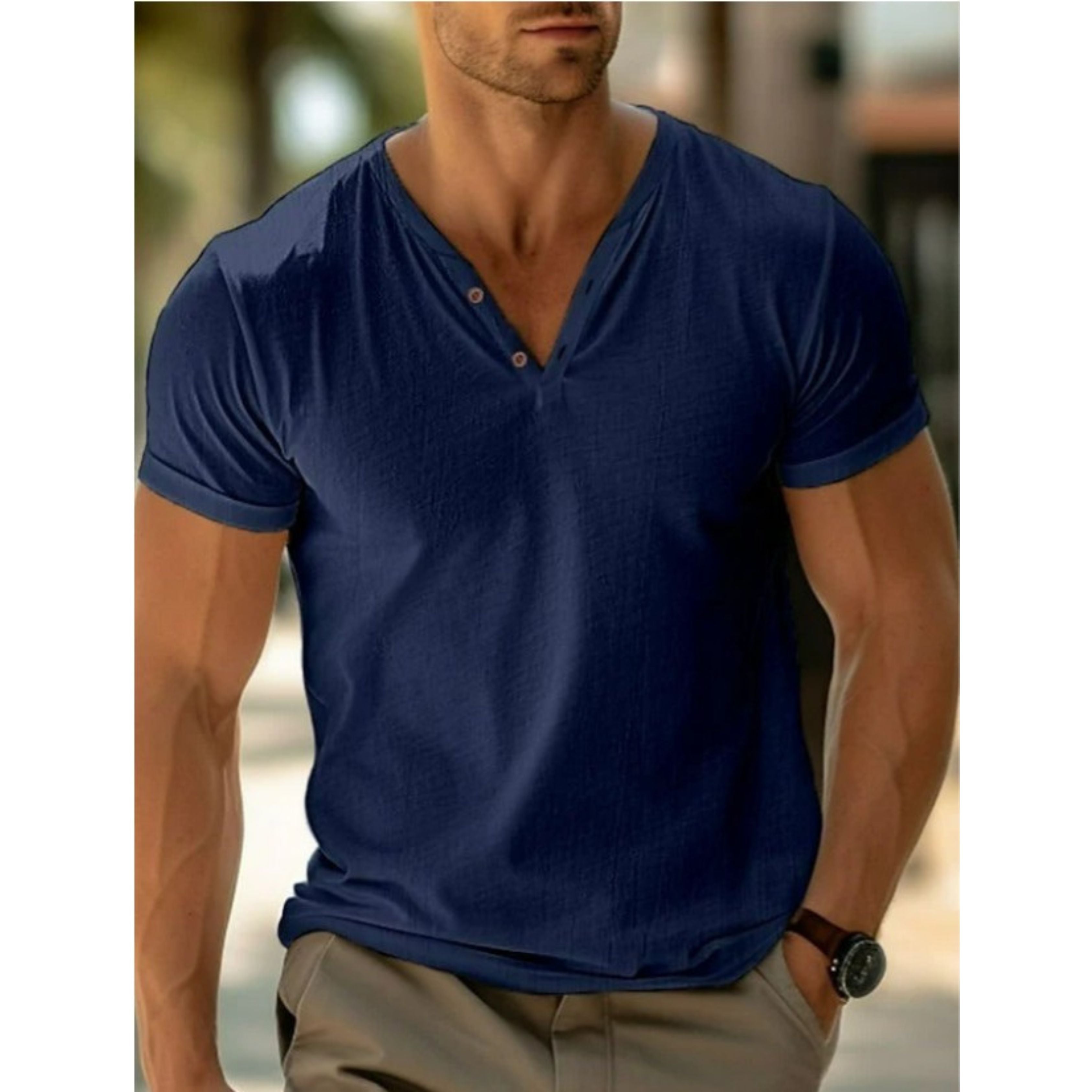 Men's T-Shirt - Plain Button V-Neck Henley T-Shirt for Summer