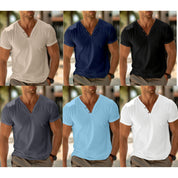 Men's T-Shirt - Plain Button V-Neck Henley T-Shirt for Summer