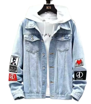 Denim Jacket - Casual - Light Blue -  Jean  Jacket with Patches - Men's Jacket