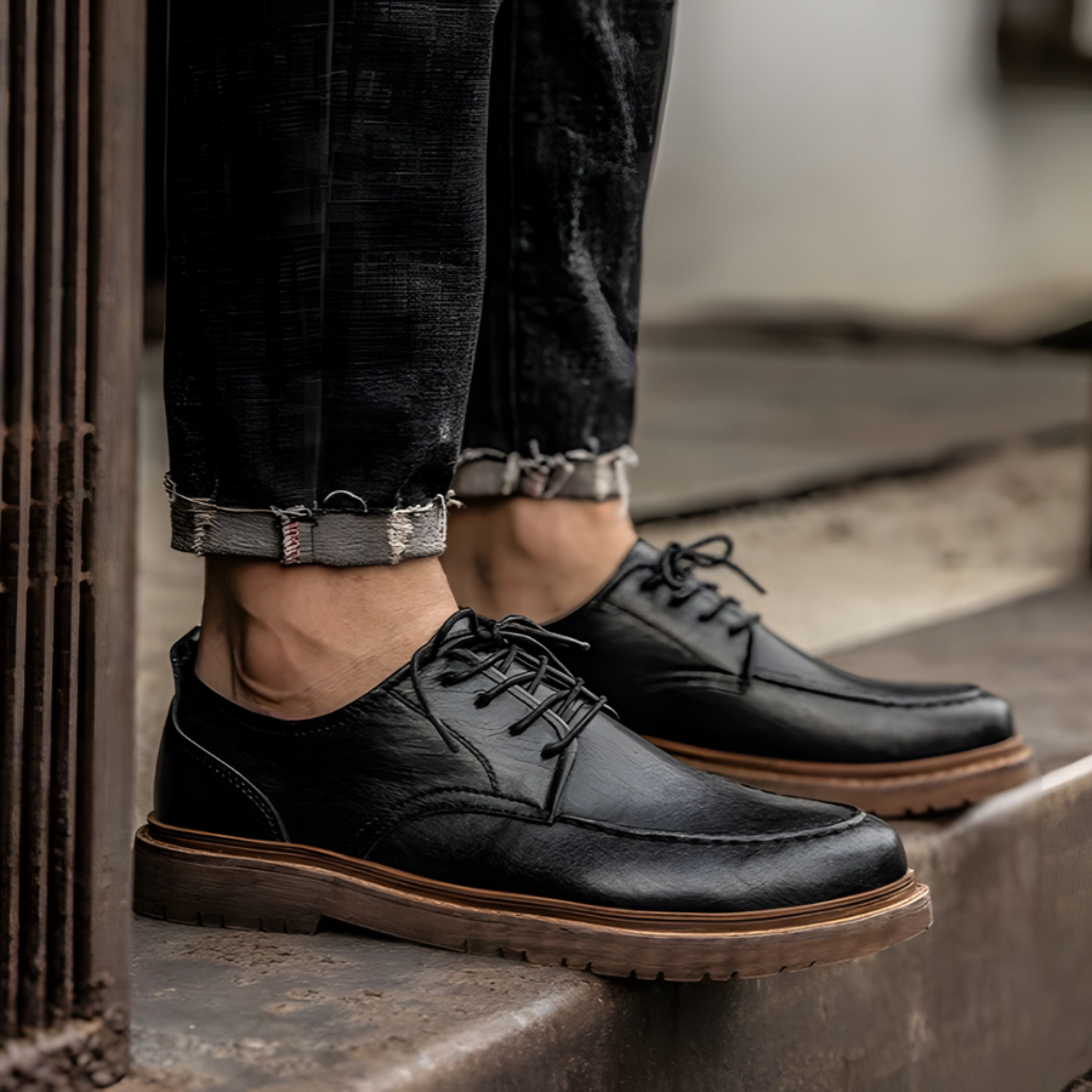 Leather Shoes - Men's Black Brown Lace-Up Chunky Oxford Shoes