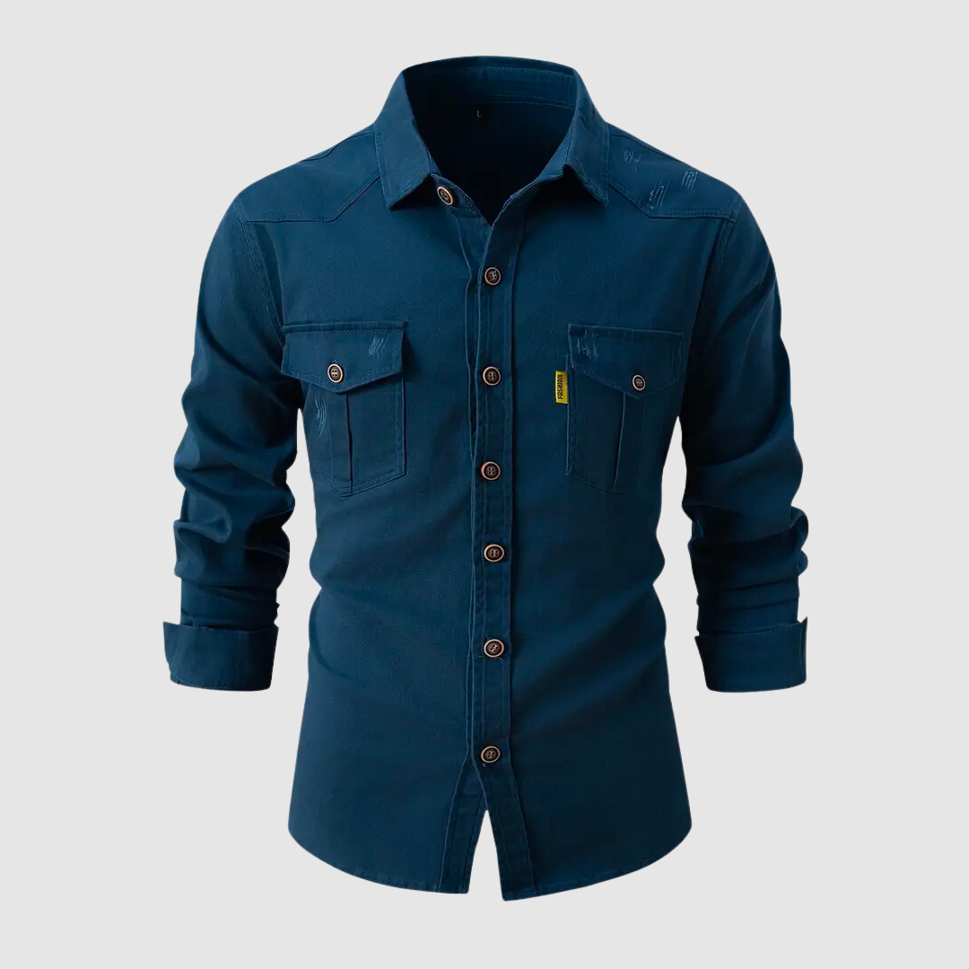 Denim Shirt - Men's Long Sleeve Button-Up Shirt with Breast Pockets