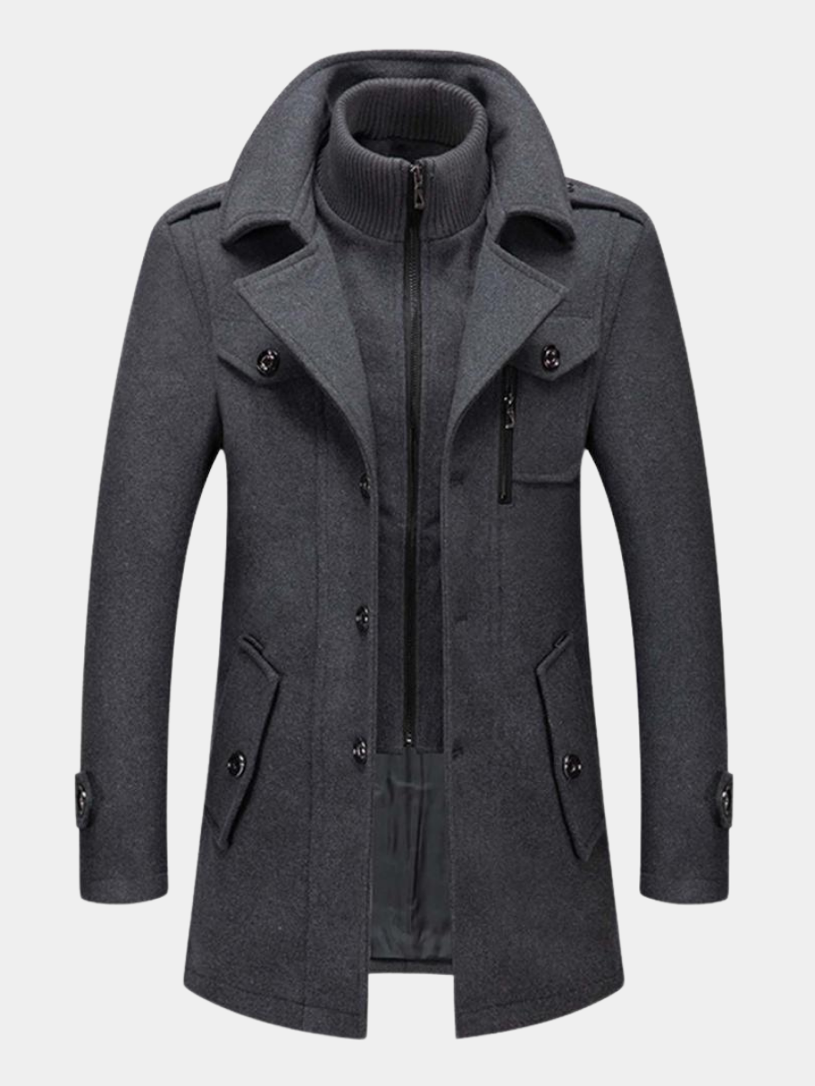 Wool Coat - Men's Mid Length Zip-Up Wool Jacket for Winter