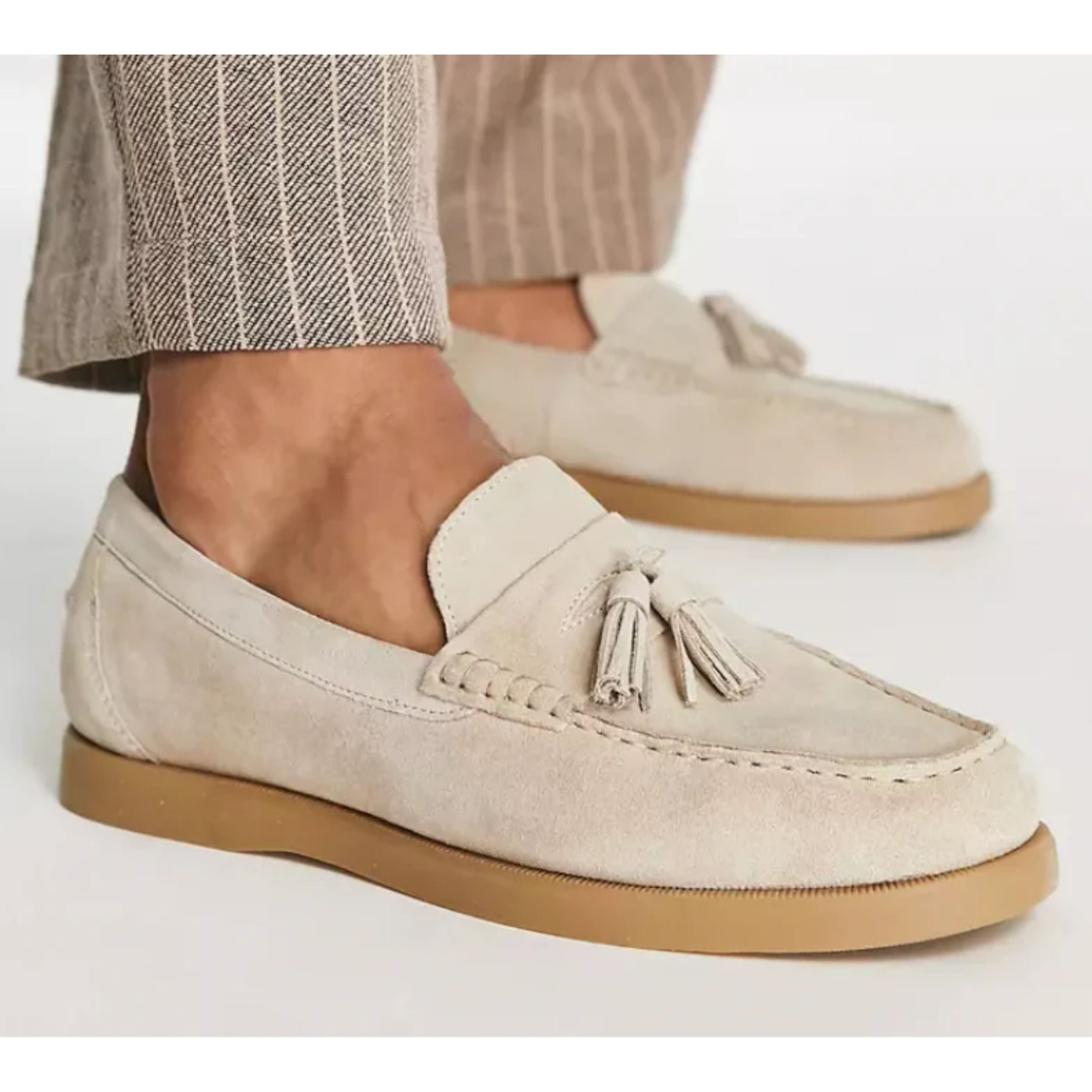 Suede Loafers - Men's Non Slip Beige Tassel Loafer Shoes