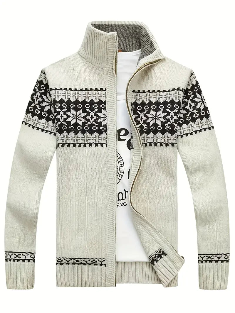 Knit Cardigan - Men's Warm Winter Snowflake Zip Cardigan