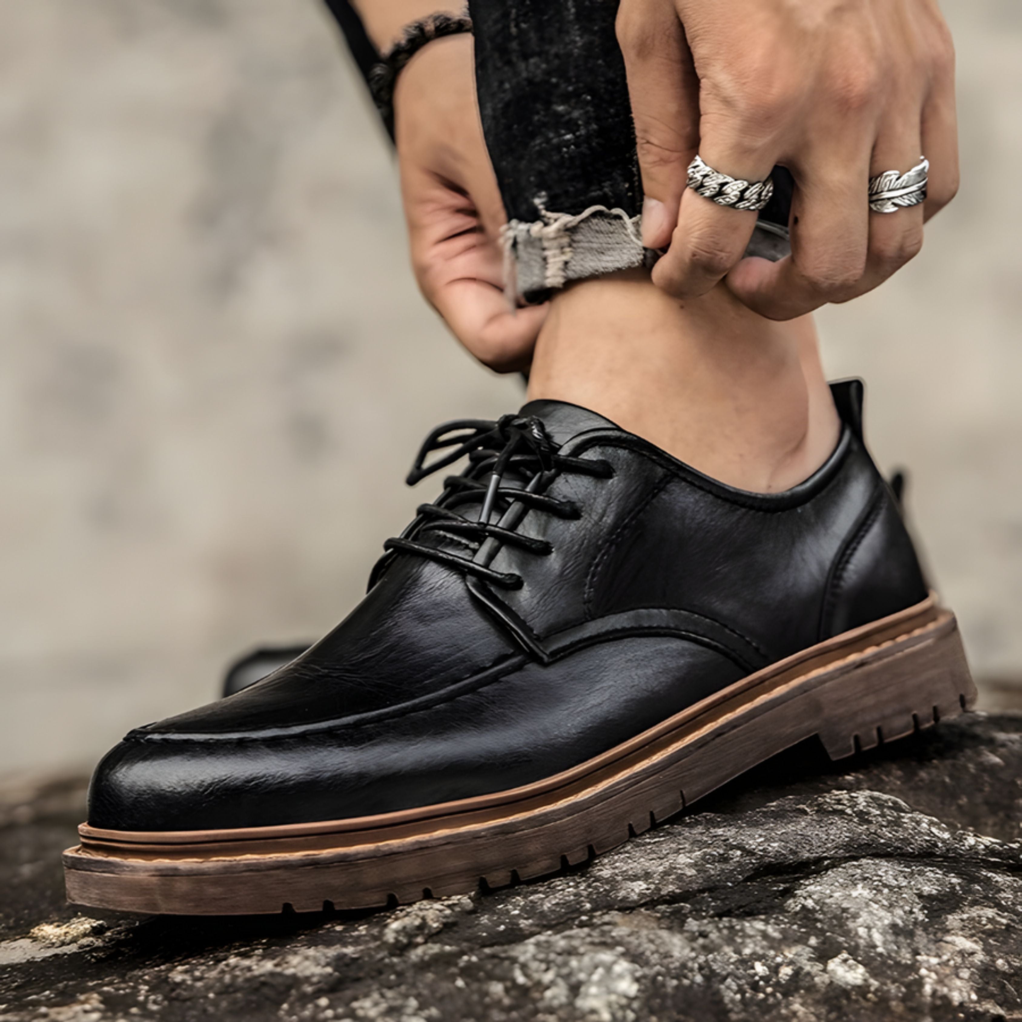 Leather Shoes - Men's Black Brown Lace-Up Chunky Oxford Shoes