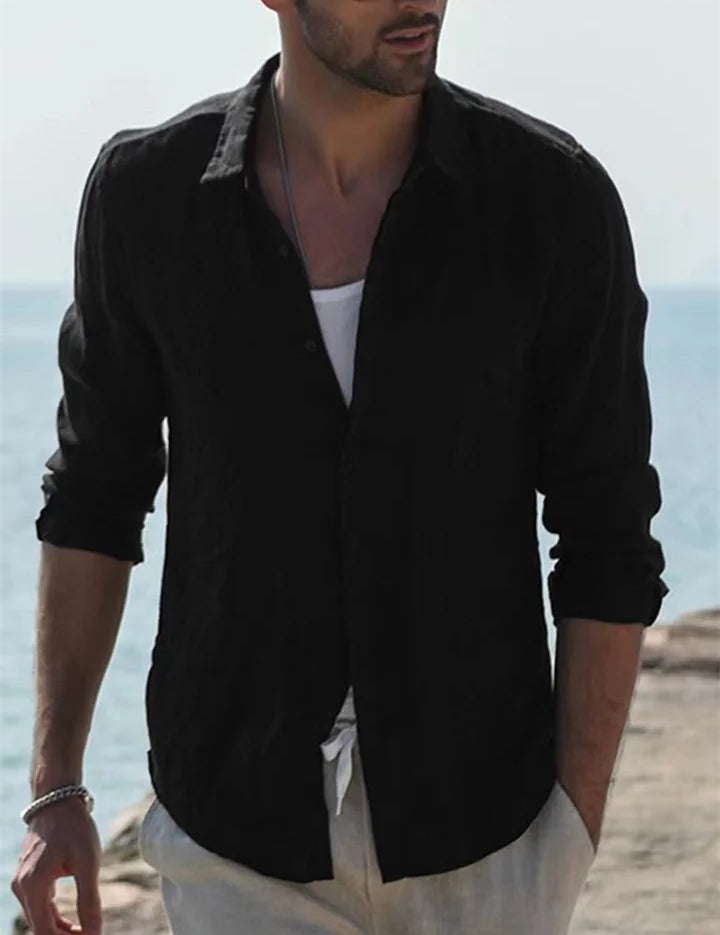Summer Shirt - Men's Long Sleeve Collared Cotton Linen Shirt