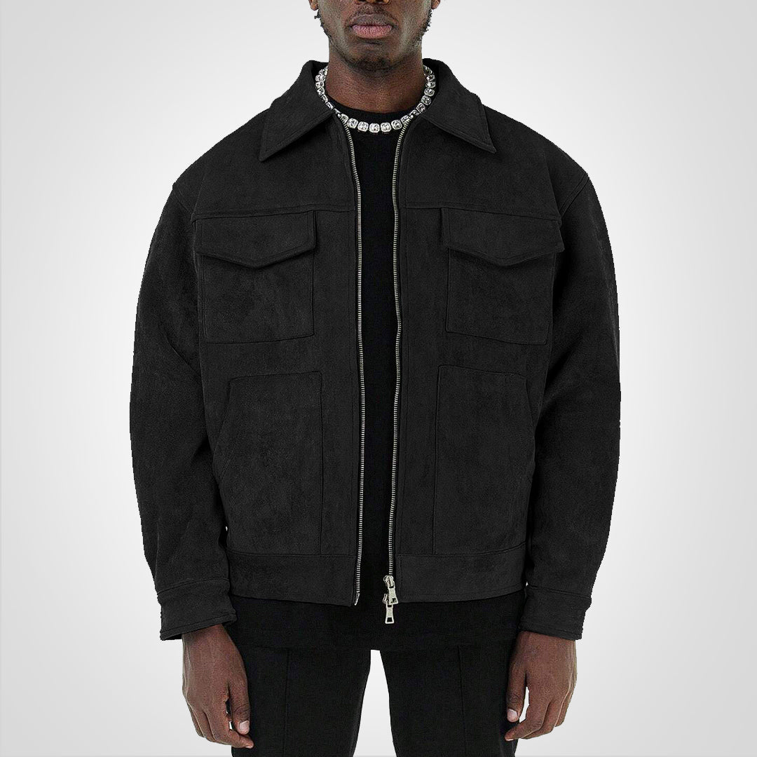 Suede Jacket - Men's Short Zip-Up Autumn Jacket with Pockets