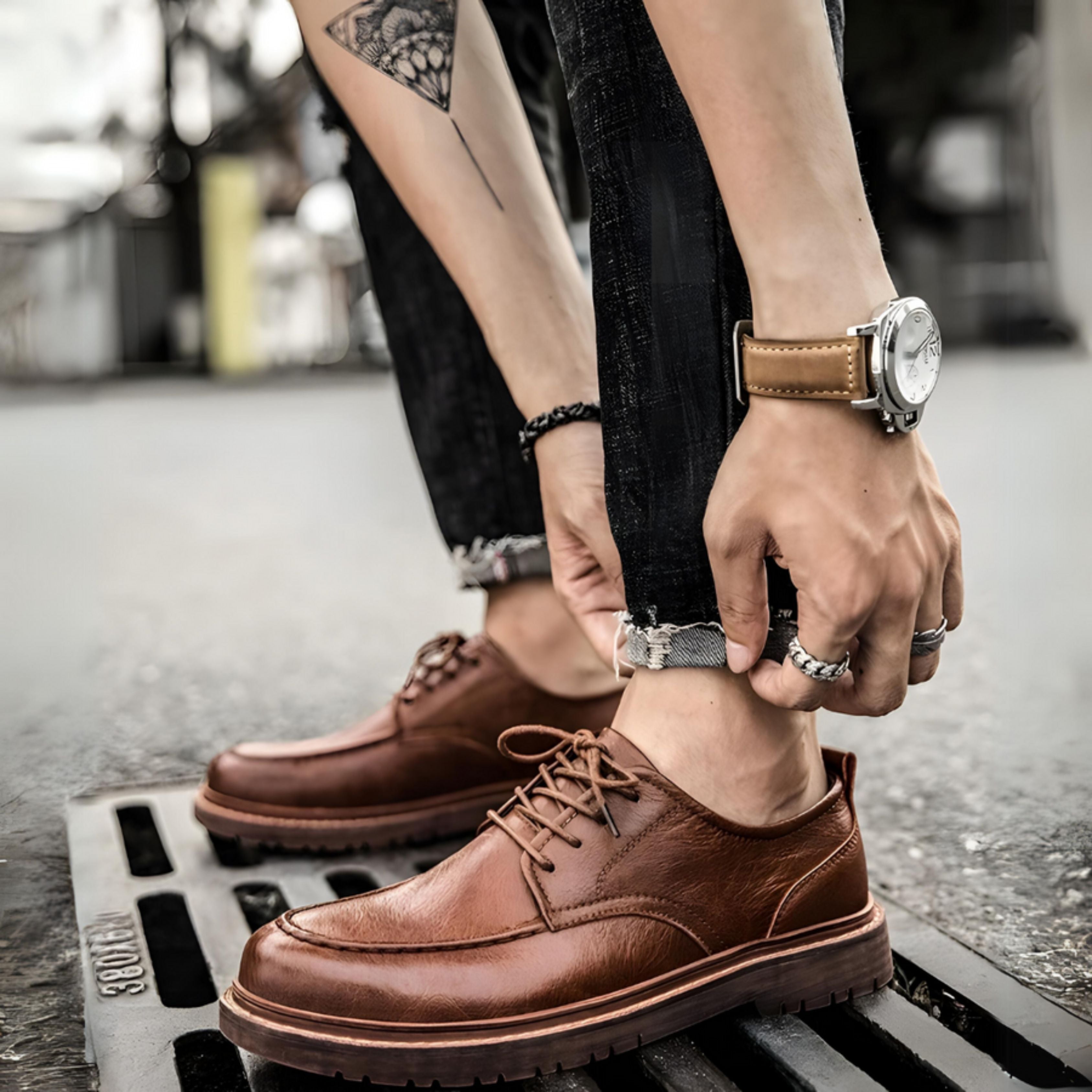 Leather Shoes - Men's Black Brown Lace-Up Chunky Oxford Shoes