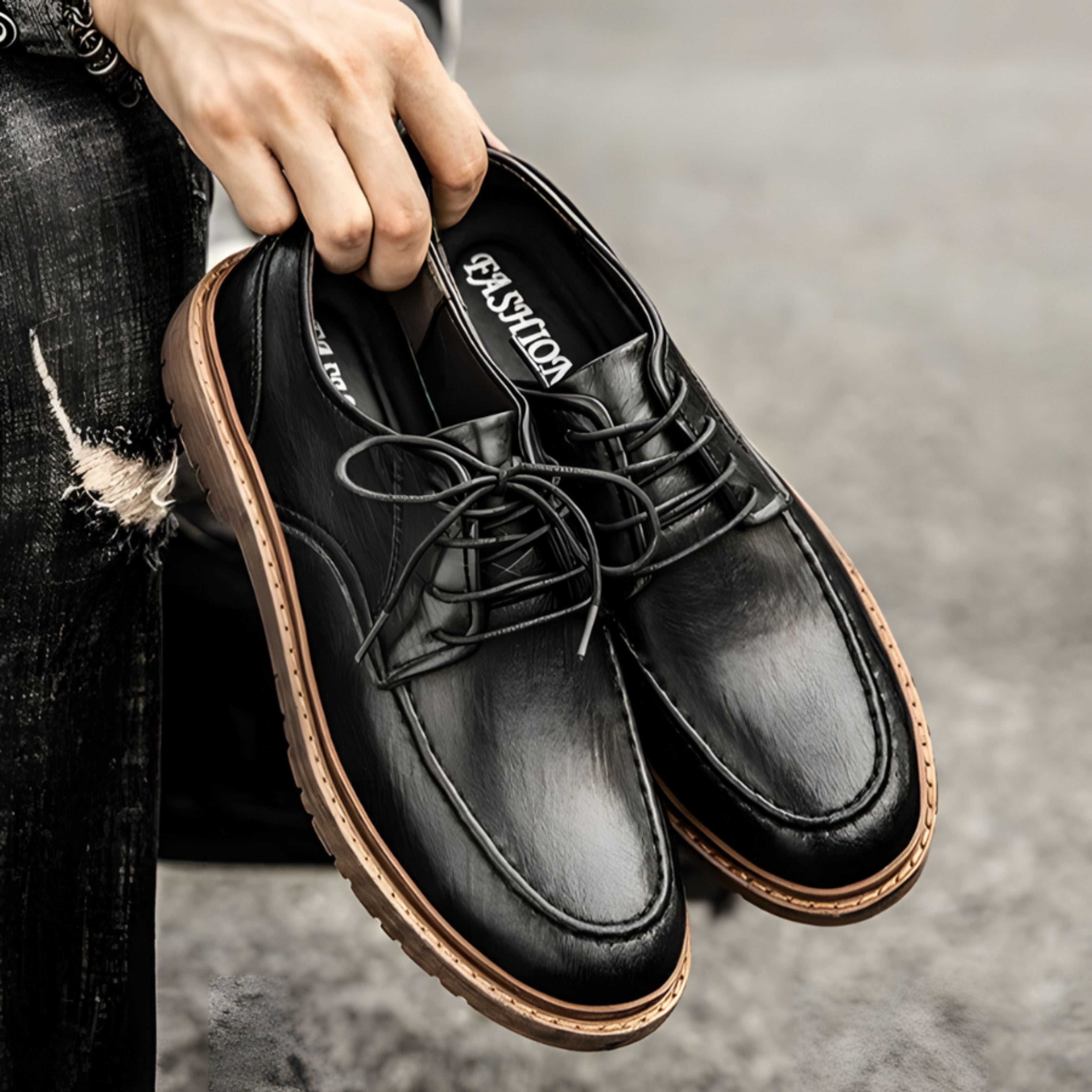Leather Shoes - Men's Black Brown Lace-Up Chunky Oxford Shoes