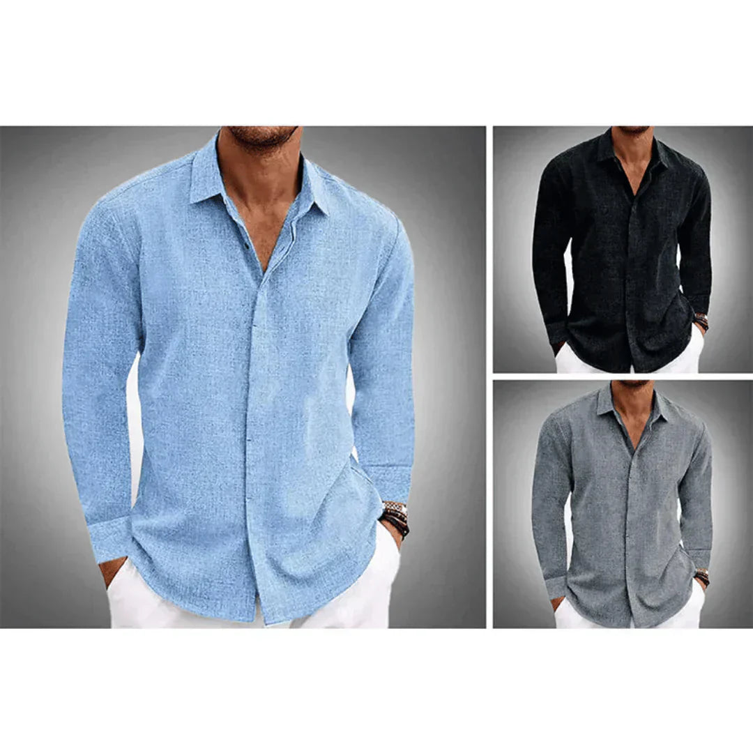 Button-Up Shirt - Men's Long Sleeve Collared Cotton Linen Shirt