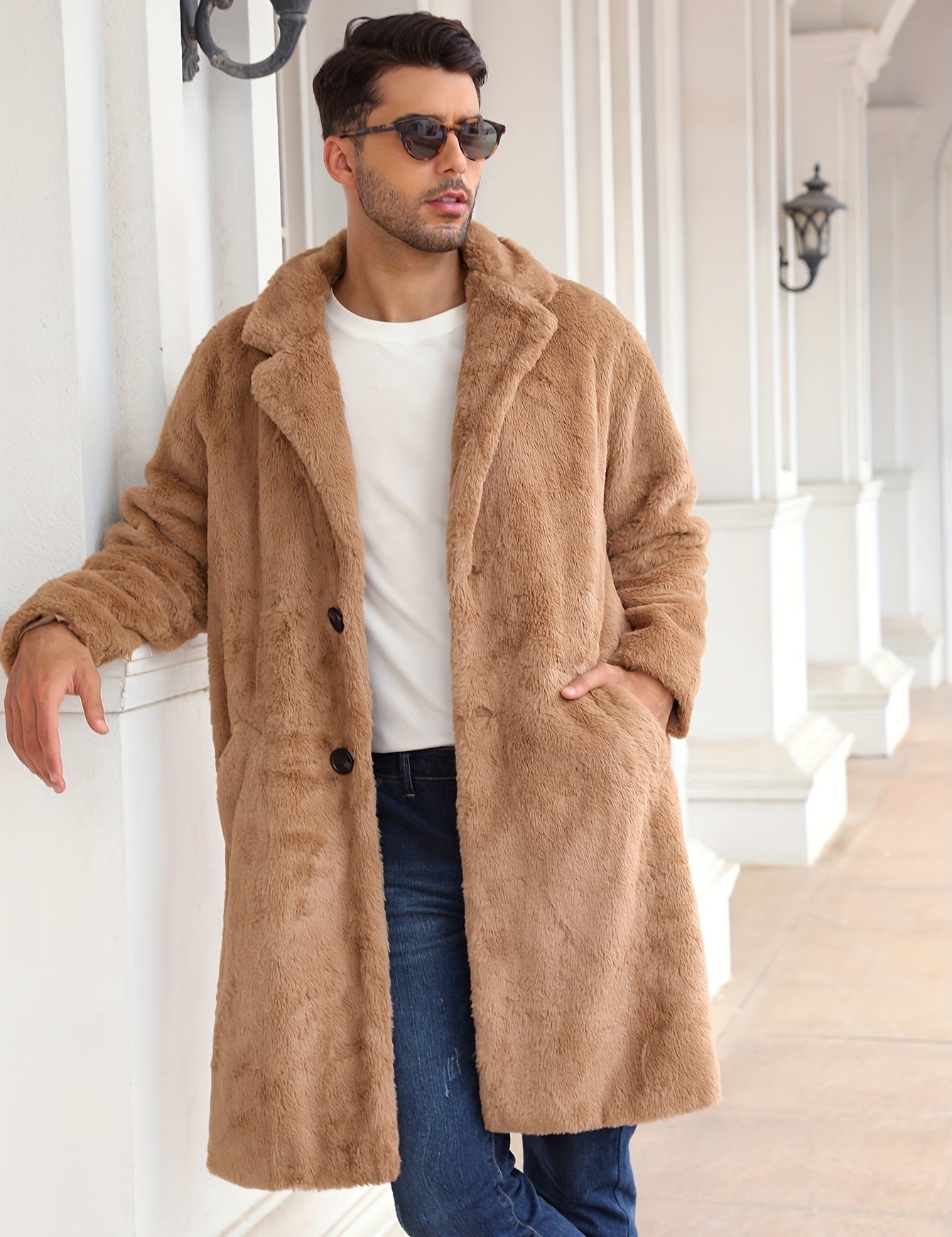 Faux Fur Coat - Men's Fluffy Mid Length Fake Fur Winter Coat