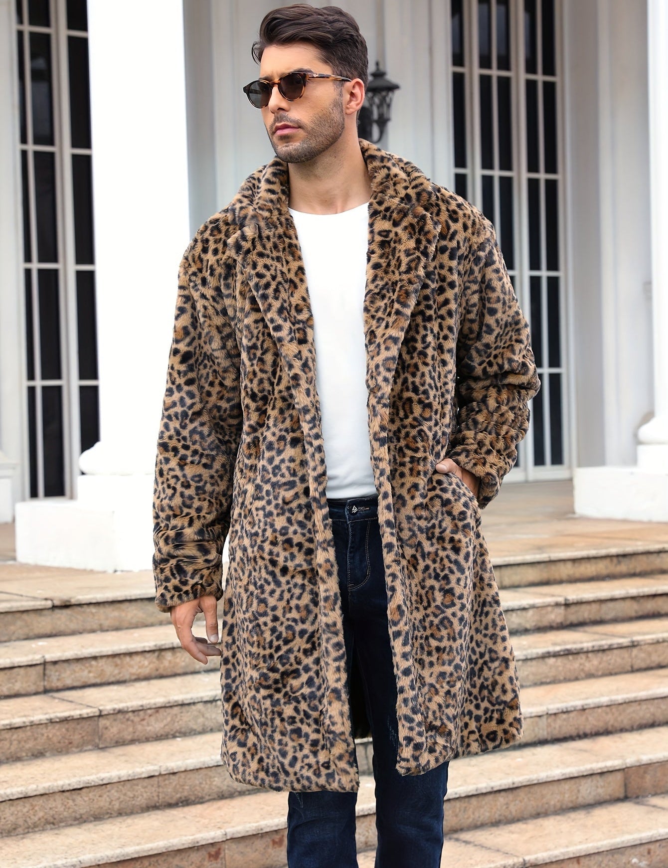 Faux Fur Coat - Men's Fluffy Mid Length Fake Fur Winter Coat