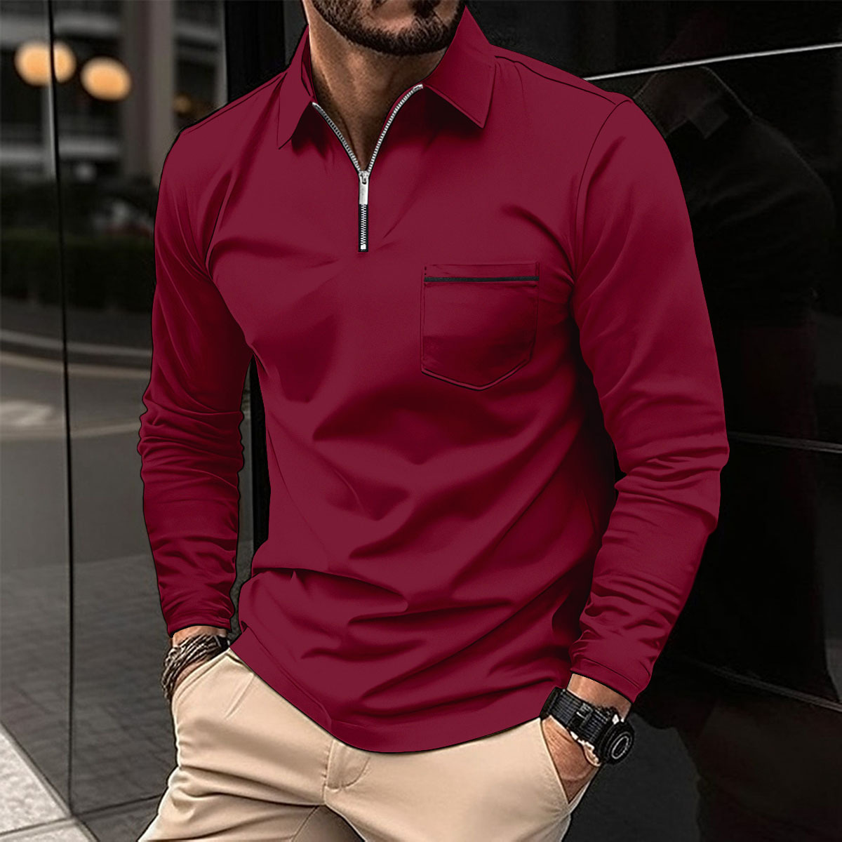 Long Sleeve Polo - Men's Collared Quarter Zip Polo Shirt