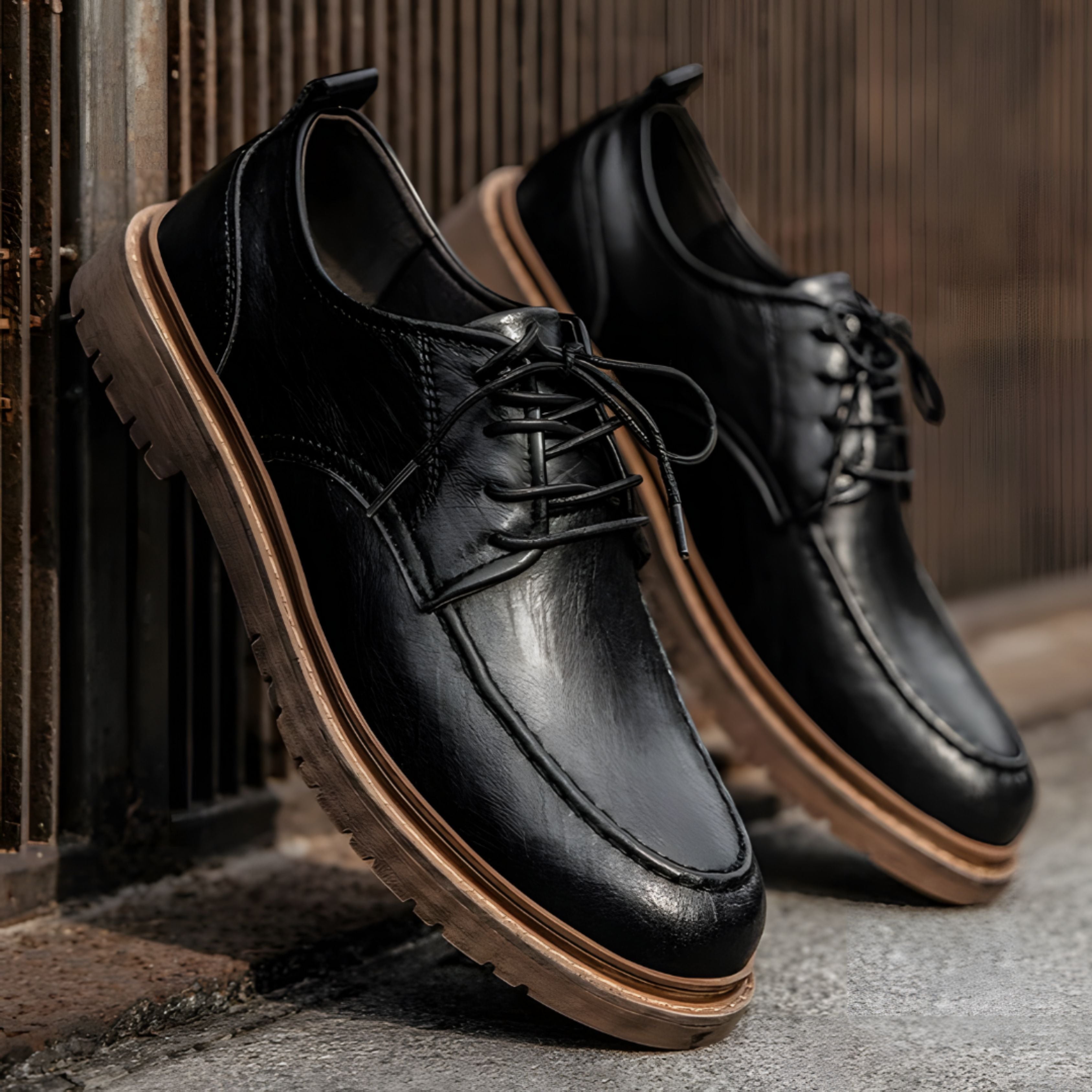 Leather Shoes - Men's Black Brown Lace-Up Chunky Oxford Shoes