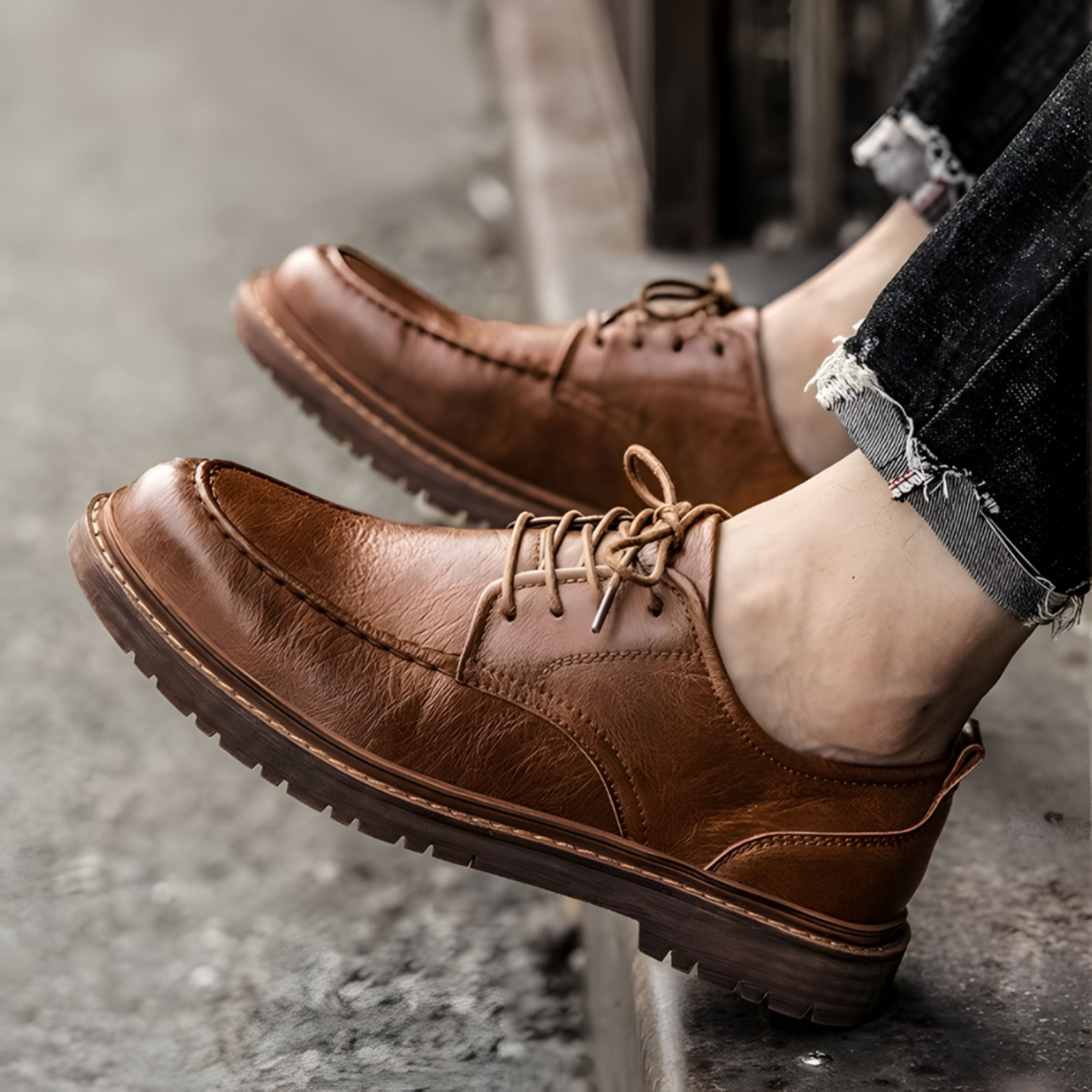 Leather Shoes - Men's Black Brown Lace-Up Chunky Oxford Shoes