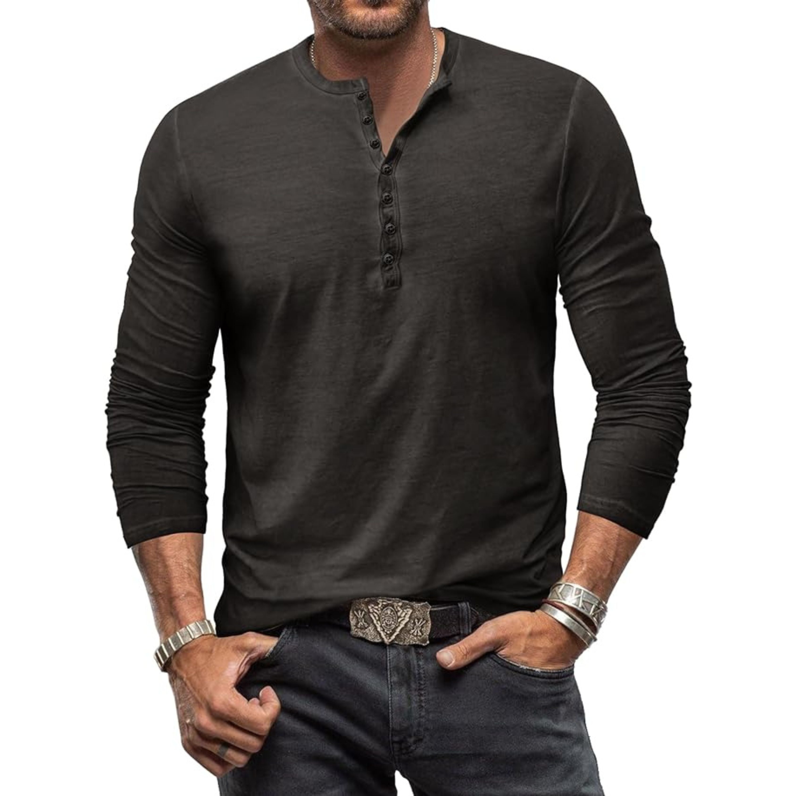 Long Sleeve T-Shirt - Men's Casual Plain Buttoned Up Henley Shirt