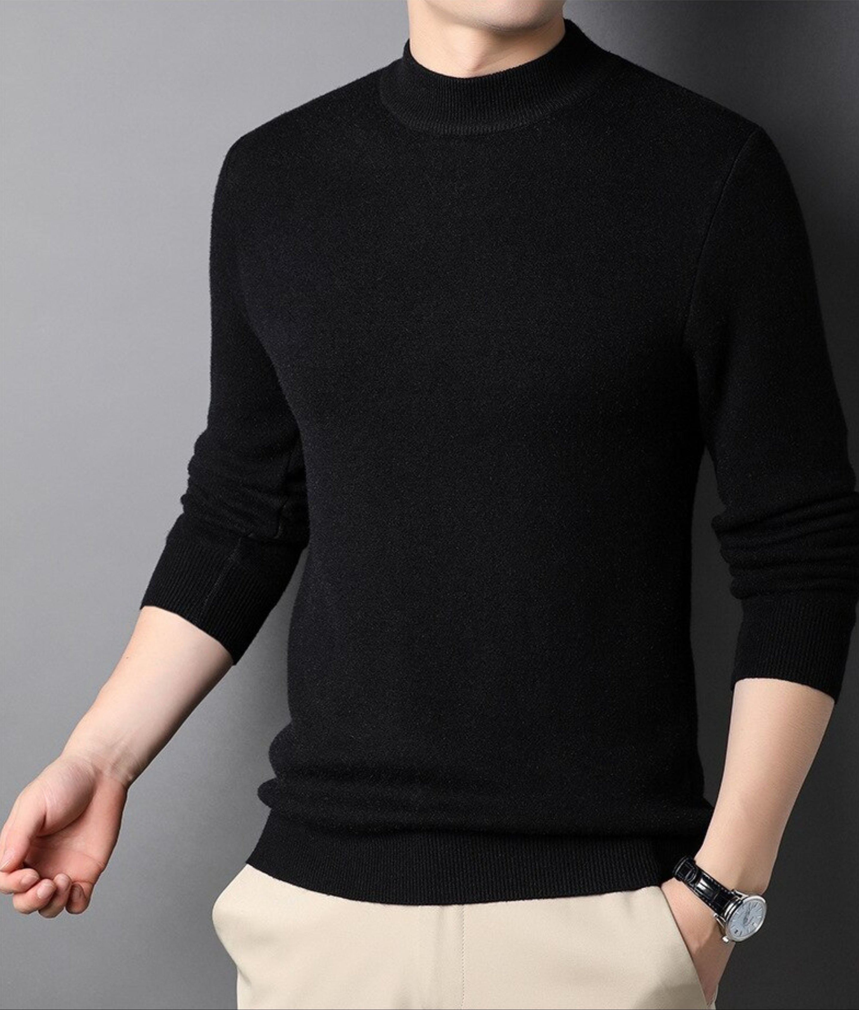 Knitted Sweater - Men's Plain High Neck Turtleneck Jumper