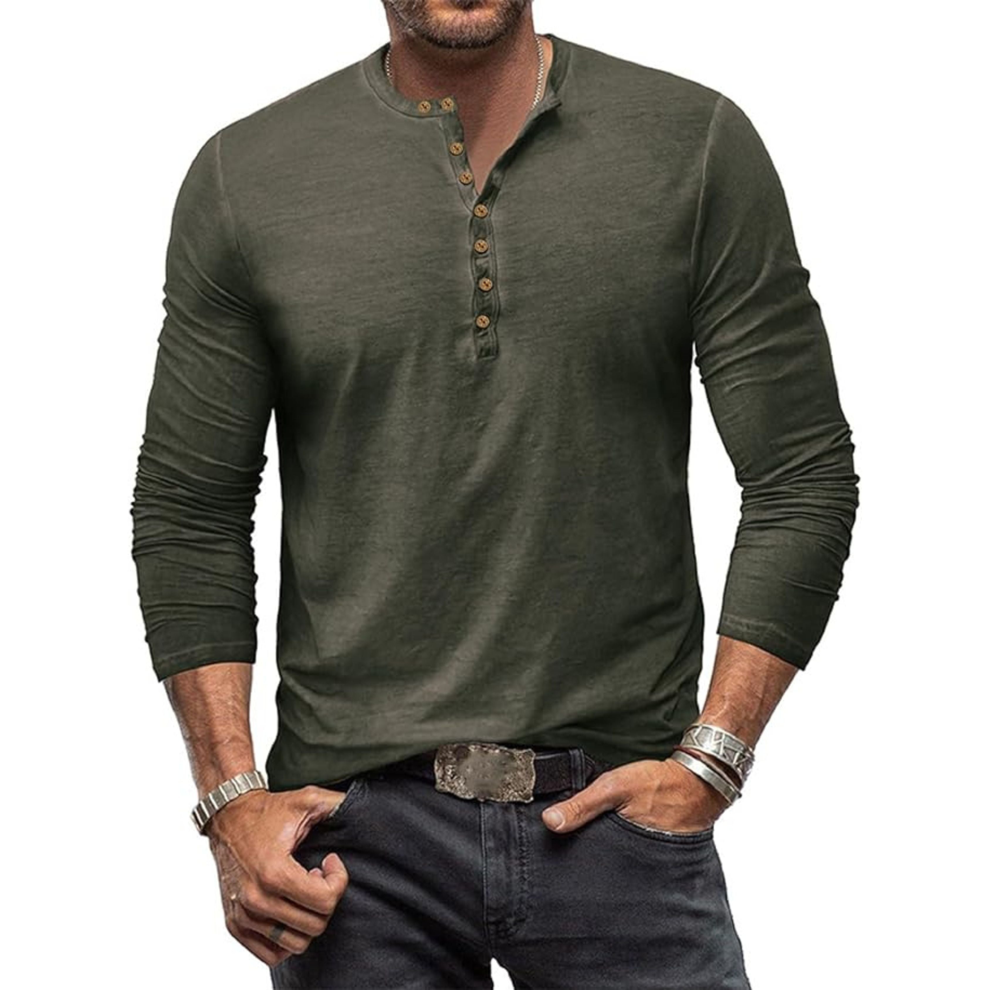 Long Sleeve T-Shirt - Men's Casual Plain Buttoned Up Henley Shirt