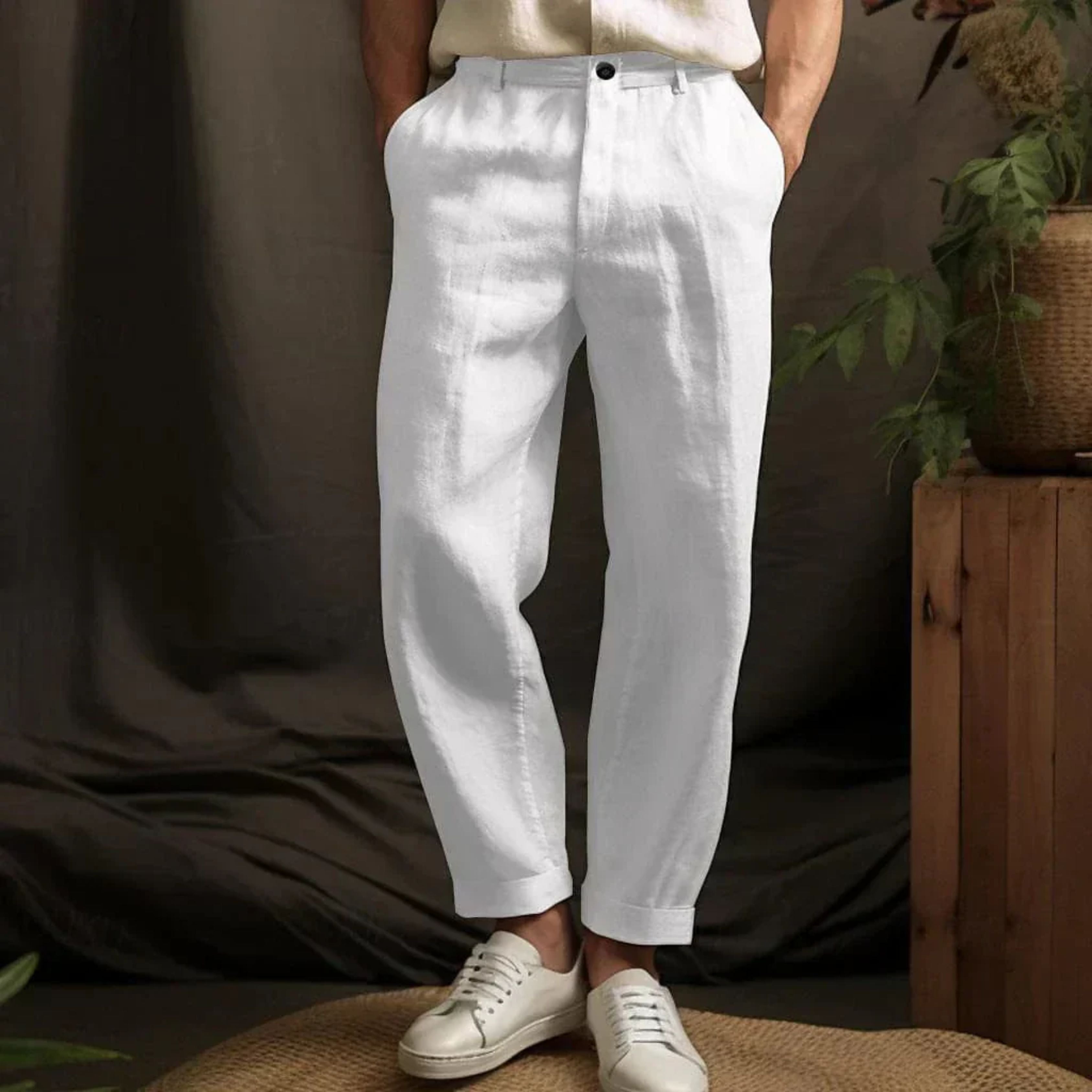 Pleated Trousers - Men's Relaxed Fit Linen Pants for Summer