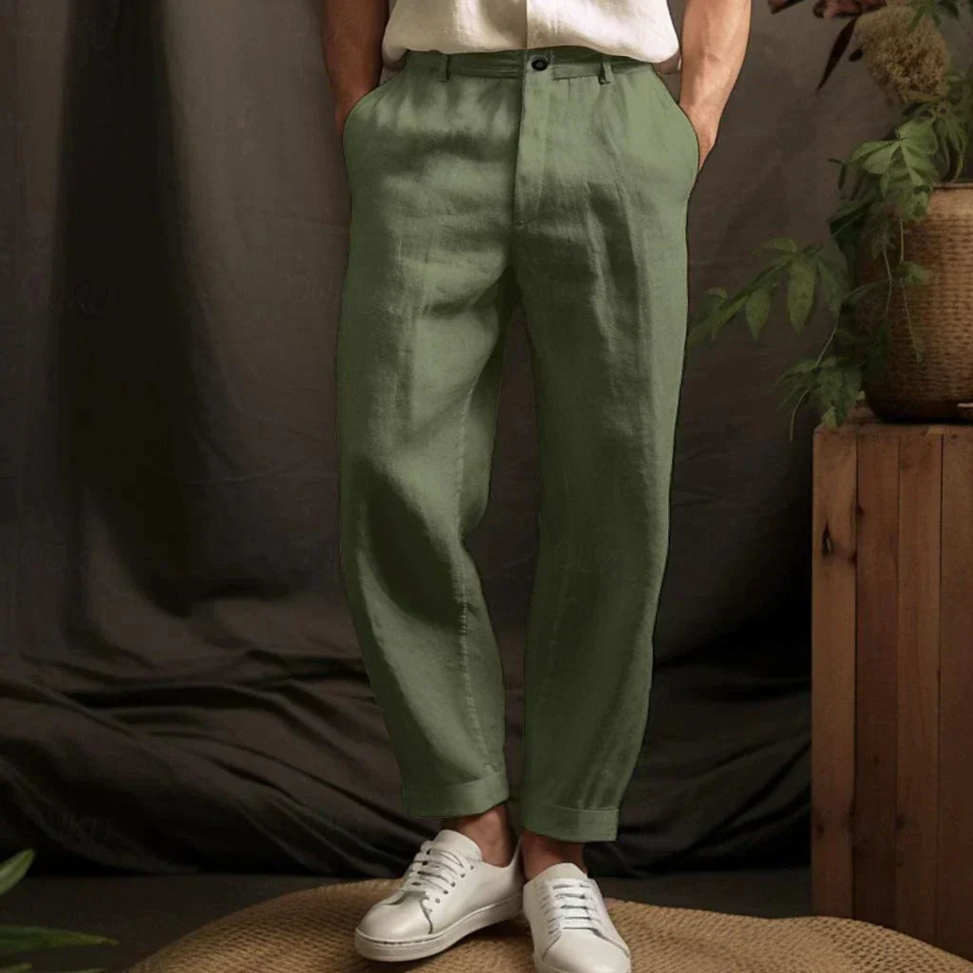 Pleated Trousers - Men's Relaxed Fit Linen Pants for Summer
