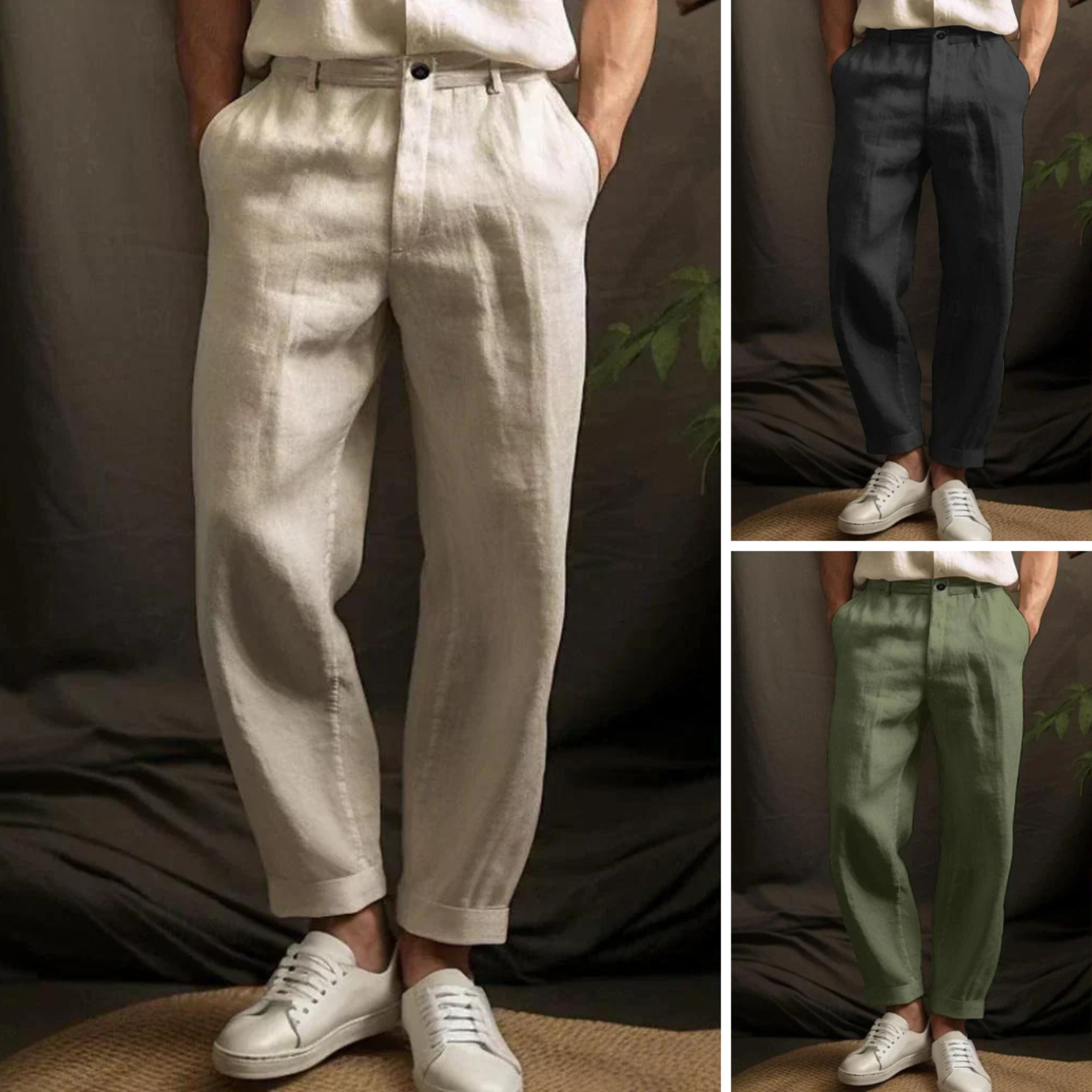 Pleated Trousers - Men's Relaxed Fit Linen Pants for Summer