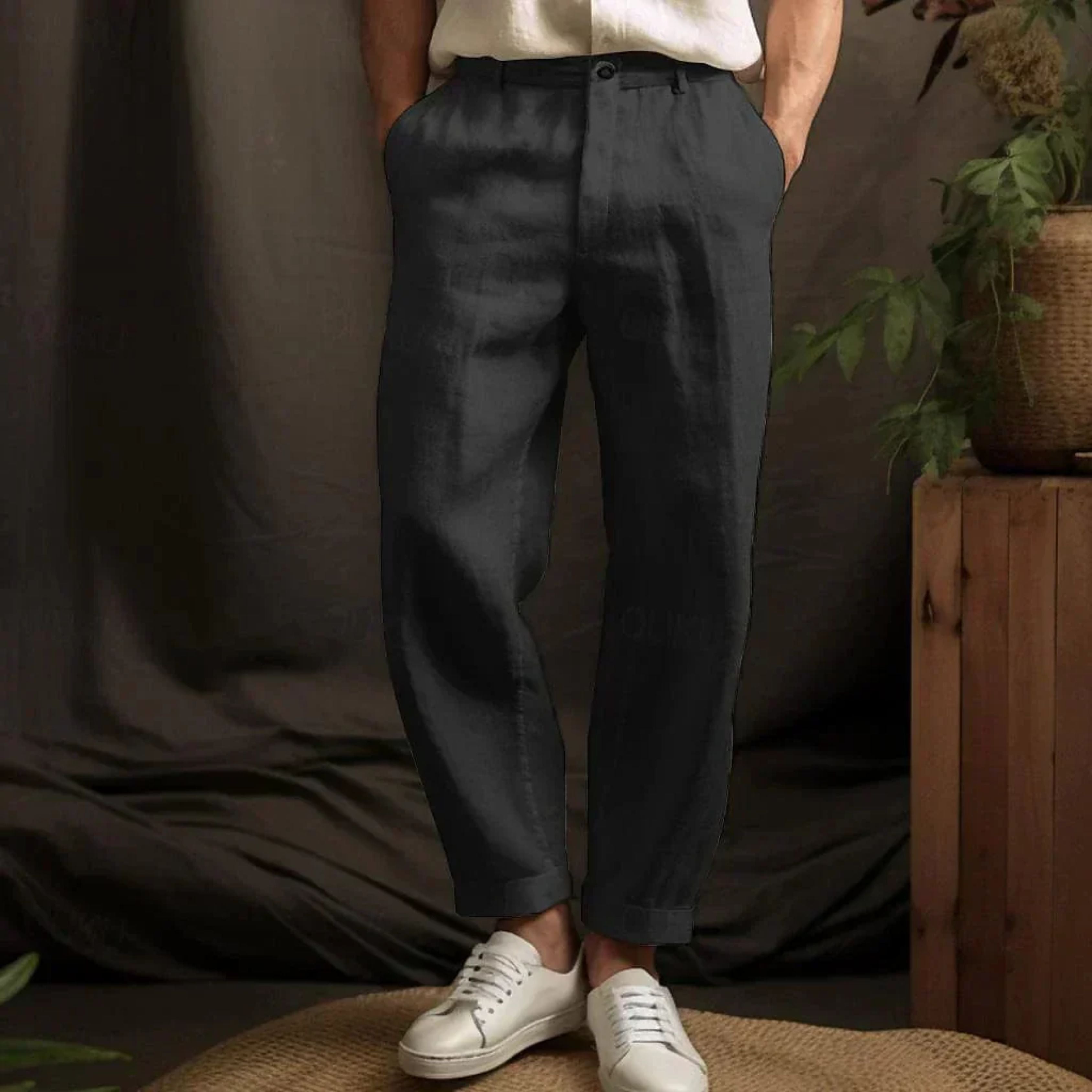 Pleated Trousers - Men's Relaxed Fit Linen Pants for Summer
