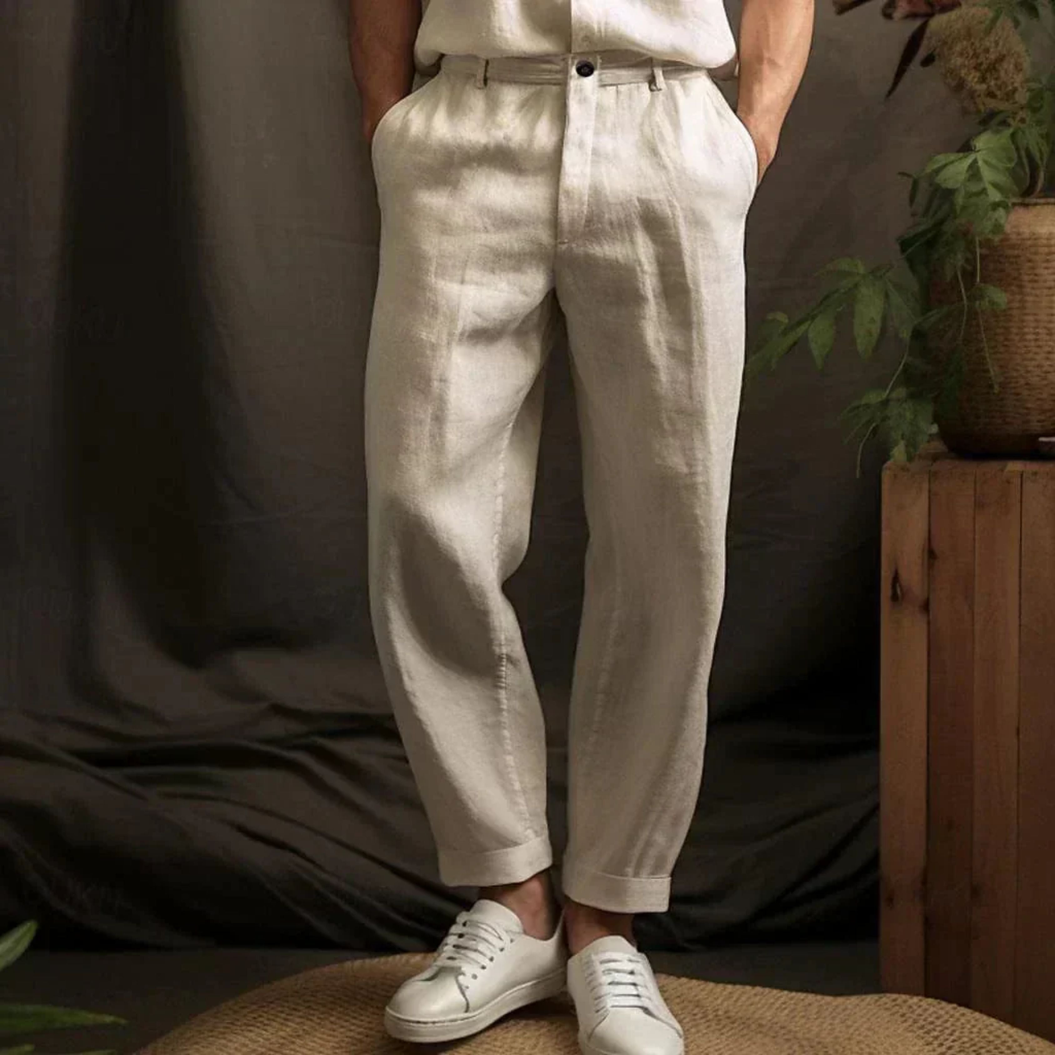 Pleated Trousers - Men's Relaxed Fit Linen Pants for Summer
