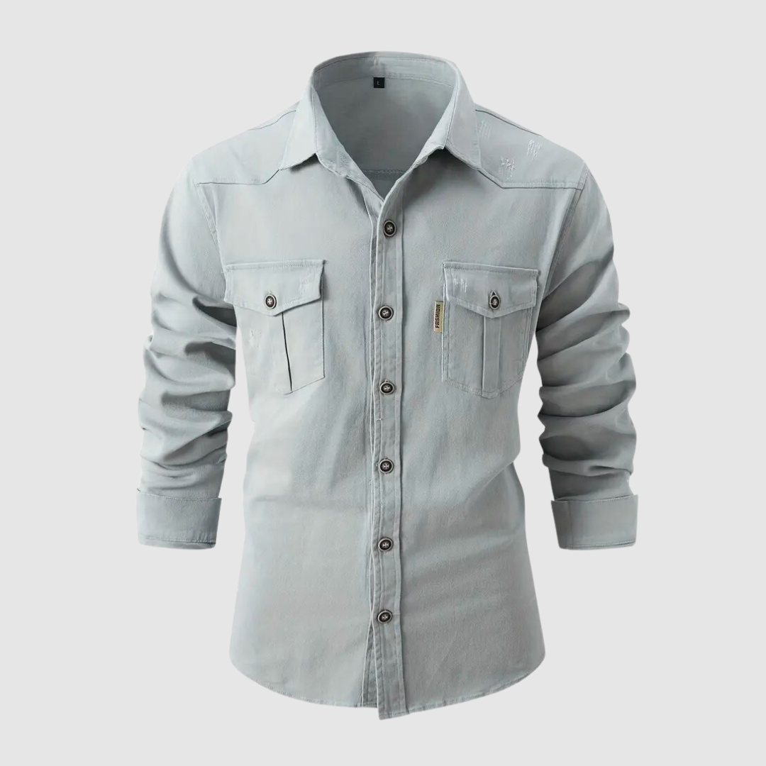 Denim Shirt - Men's Long Sleeve Button-Up Shirt with Breast Pockets
