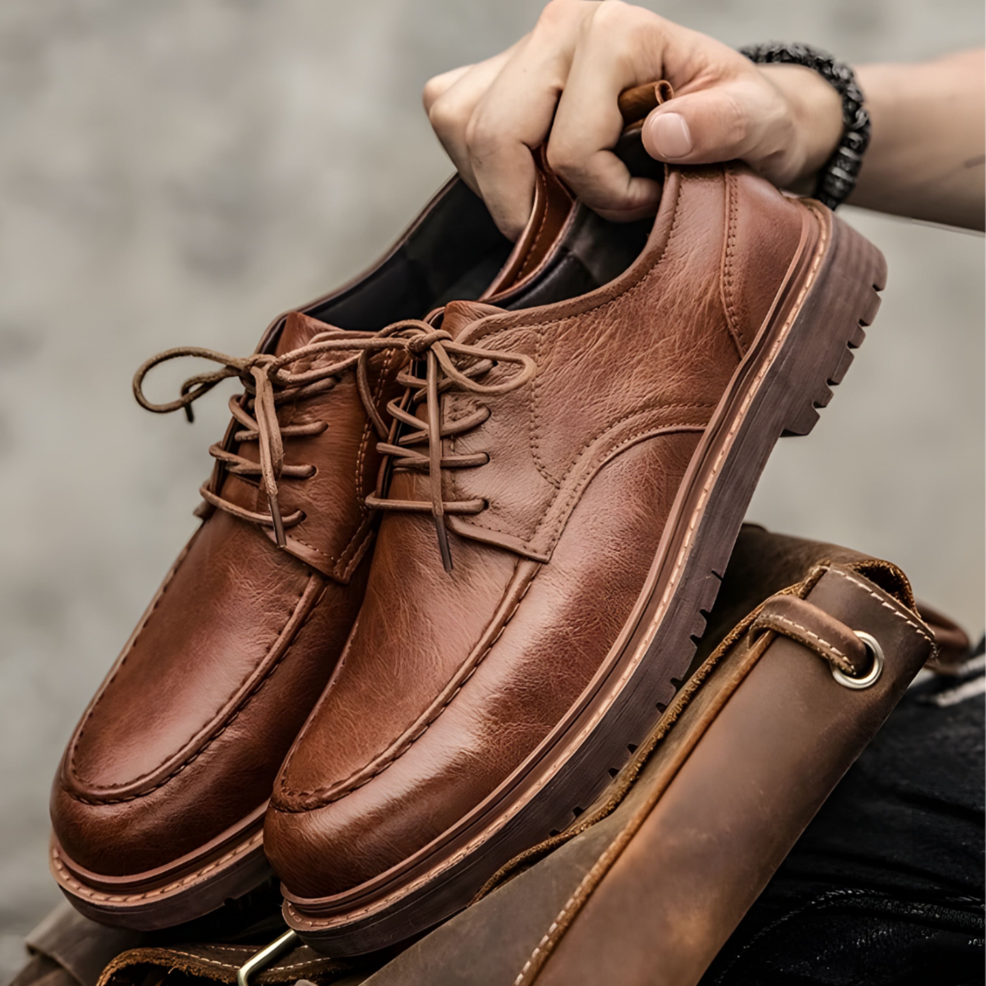 Leather Shoes - Men's Black Brown Lace-Up Chunky Oxford Shoes