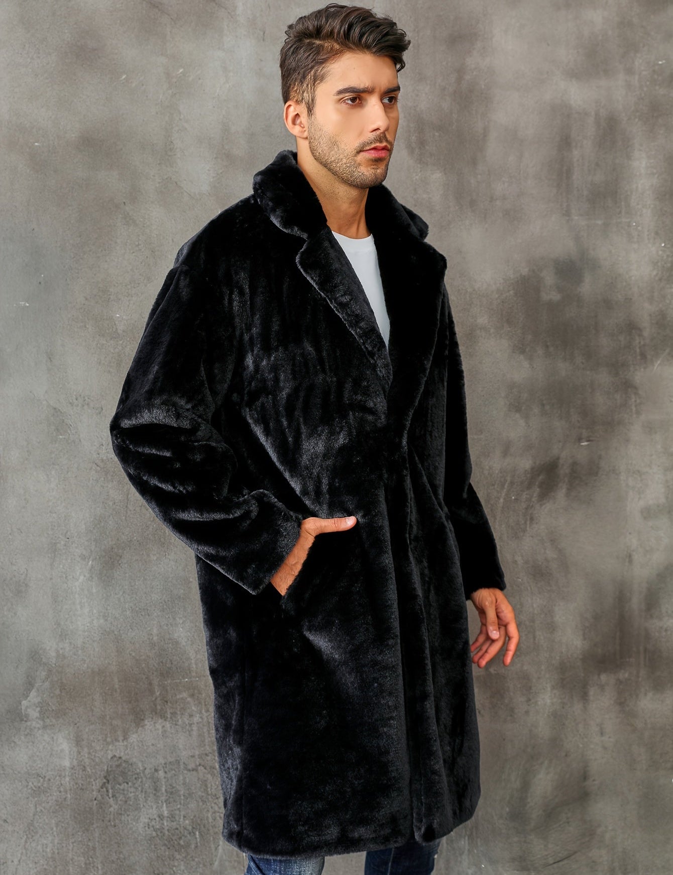 Faux Fur Coat - Men's Fluffy Mid Length Fake Fur Winter Coat