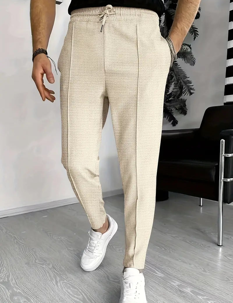 Men's Trousers - Elastic Waist - Drawstring - Slim Fit Joggers - Waffle Pants