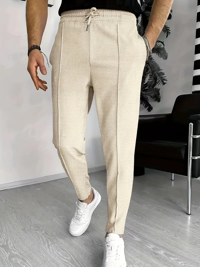 Men's Trousers - Elastic Waist - Drawstring - Slim Fit Joggers - Waffle Pants