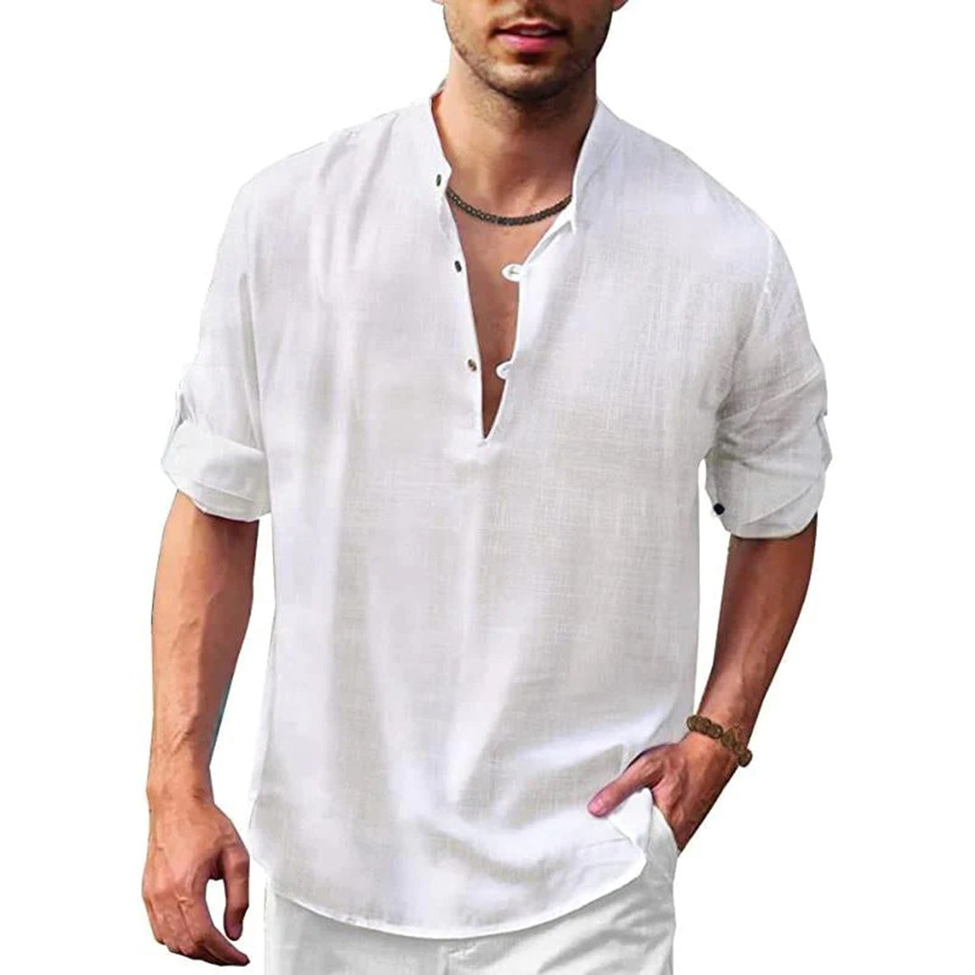 Linen Shirt - Men's Loose Fit Lightweight V-Neck Summer Shirt