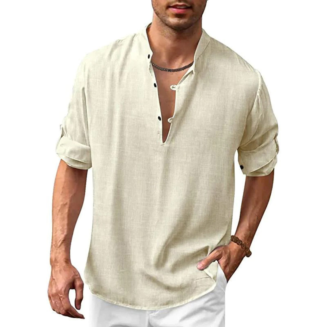 Linen Shirt - Men's Loose Fit Lightweight V-Neck Summer Shirt