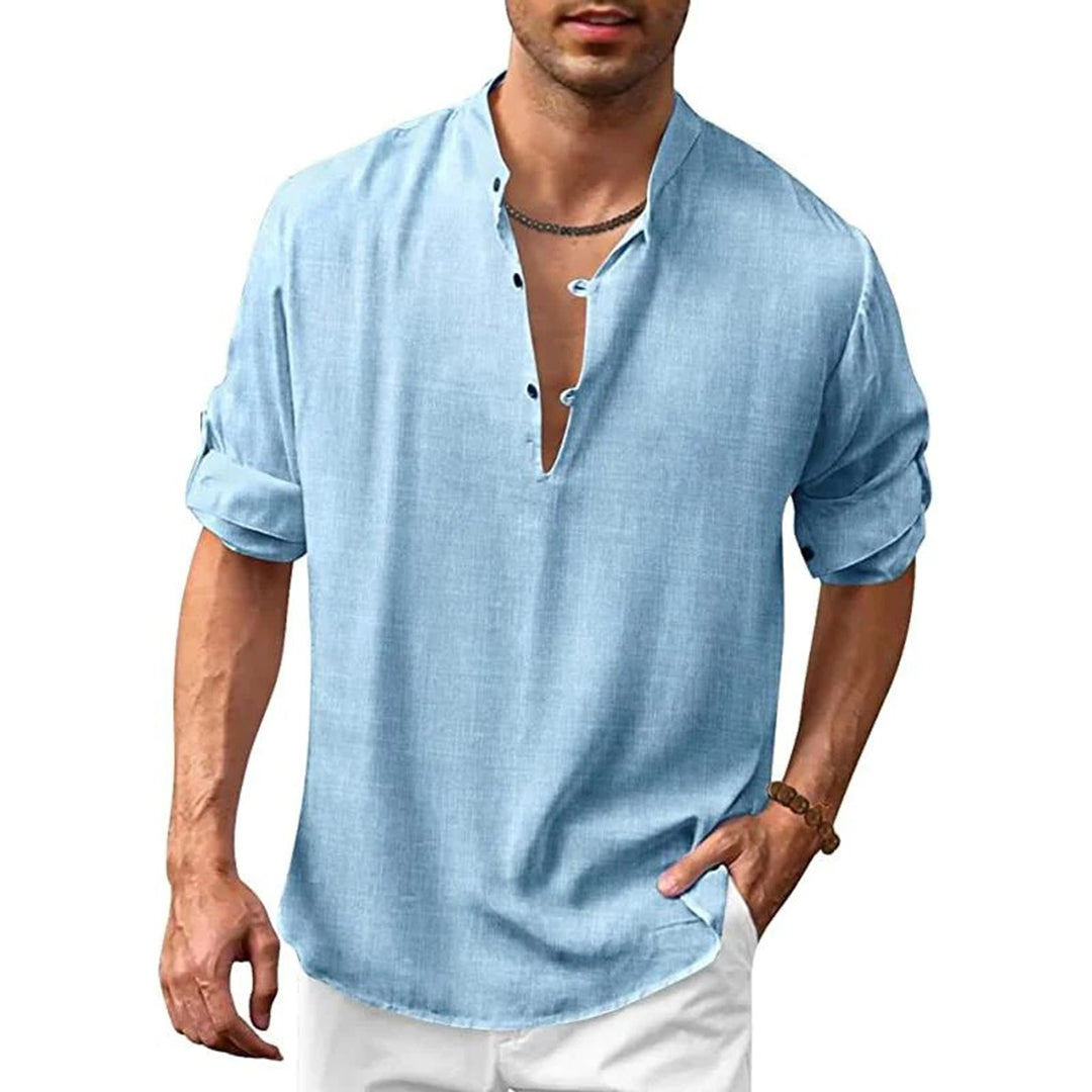 Linen Shirt - Men's Loose Fit Lightweight V-Neck Summer Shirt