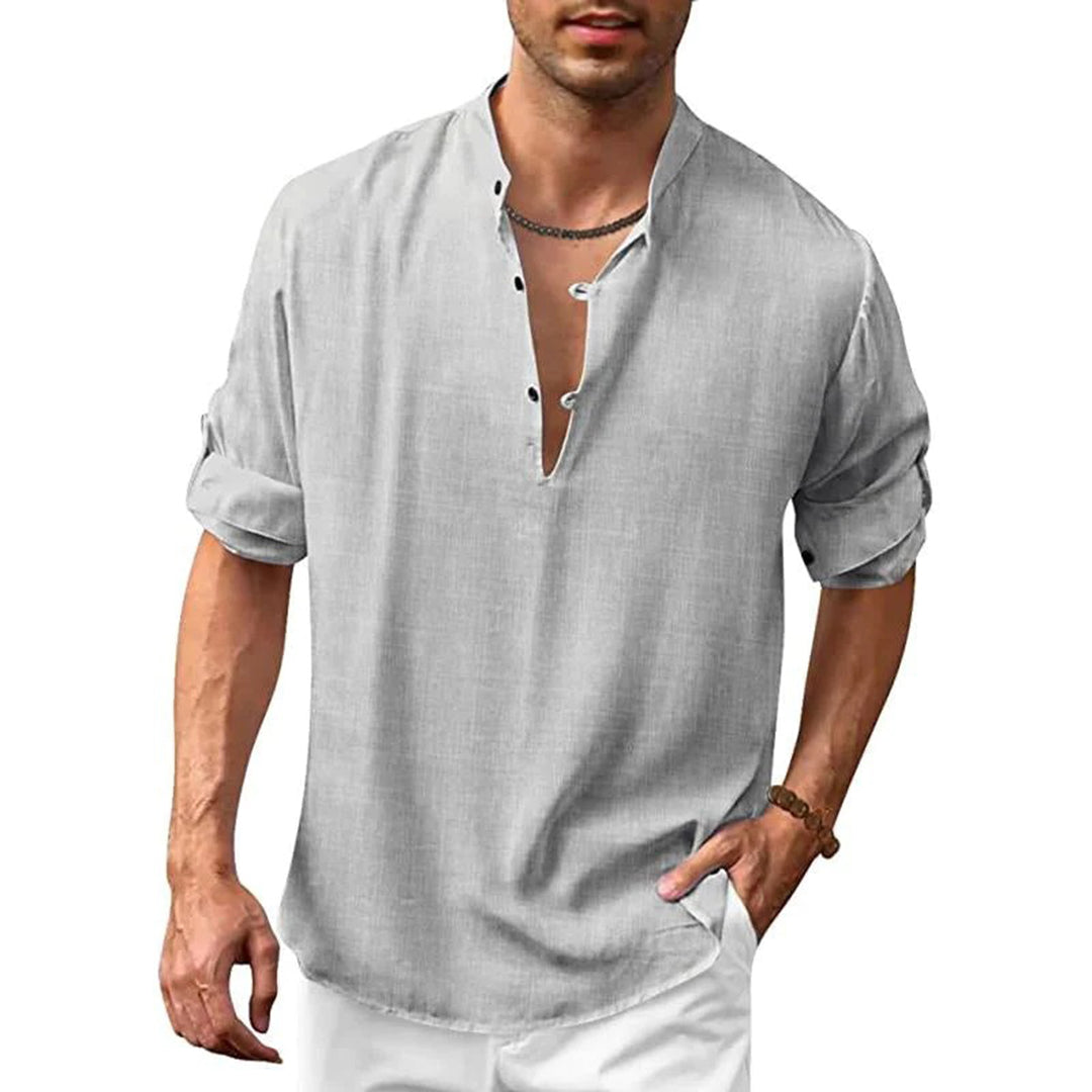 Linen Shirt - Men's Loose Fit Lightweight V-Neck Summer Shirt