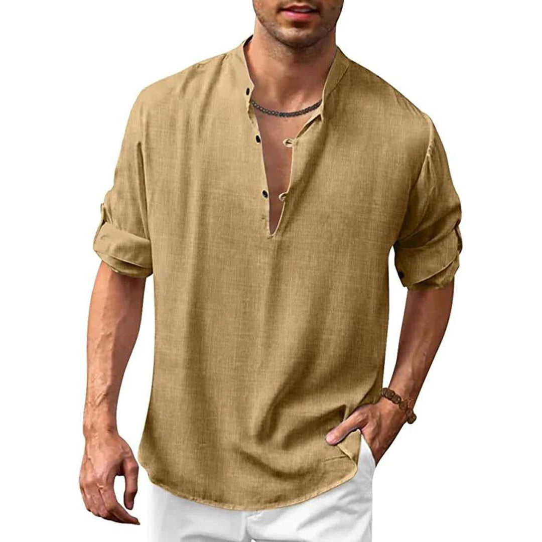 Linen Shirt - Men's Loose Fit Lightweight V-Neck Summer Shirt