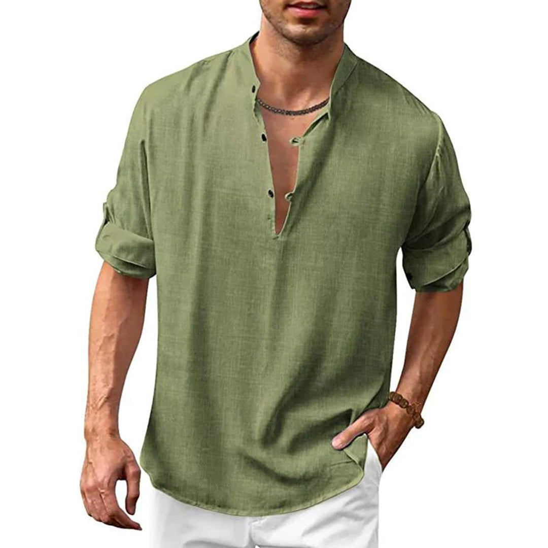 Linen Shirt - Men's Loose Fit Lightweight V-Neck Summer Shirt