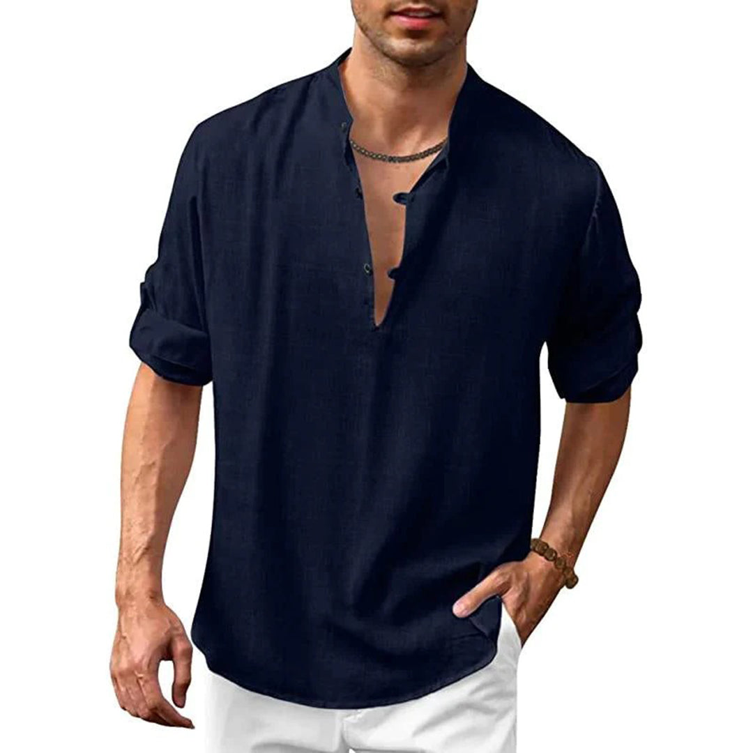 Linen Shirt - Men's Loose Fit Lightweight V-Neck Summer Shirt