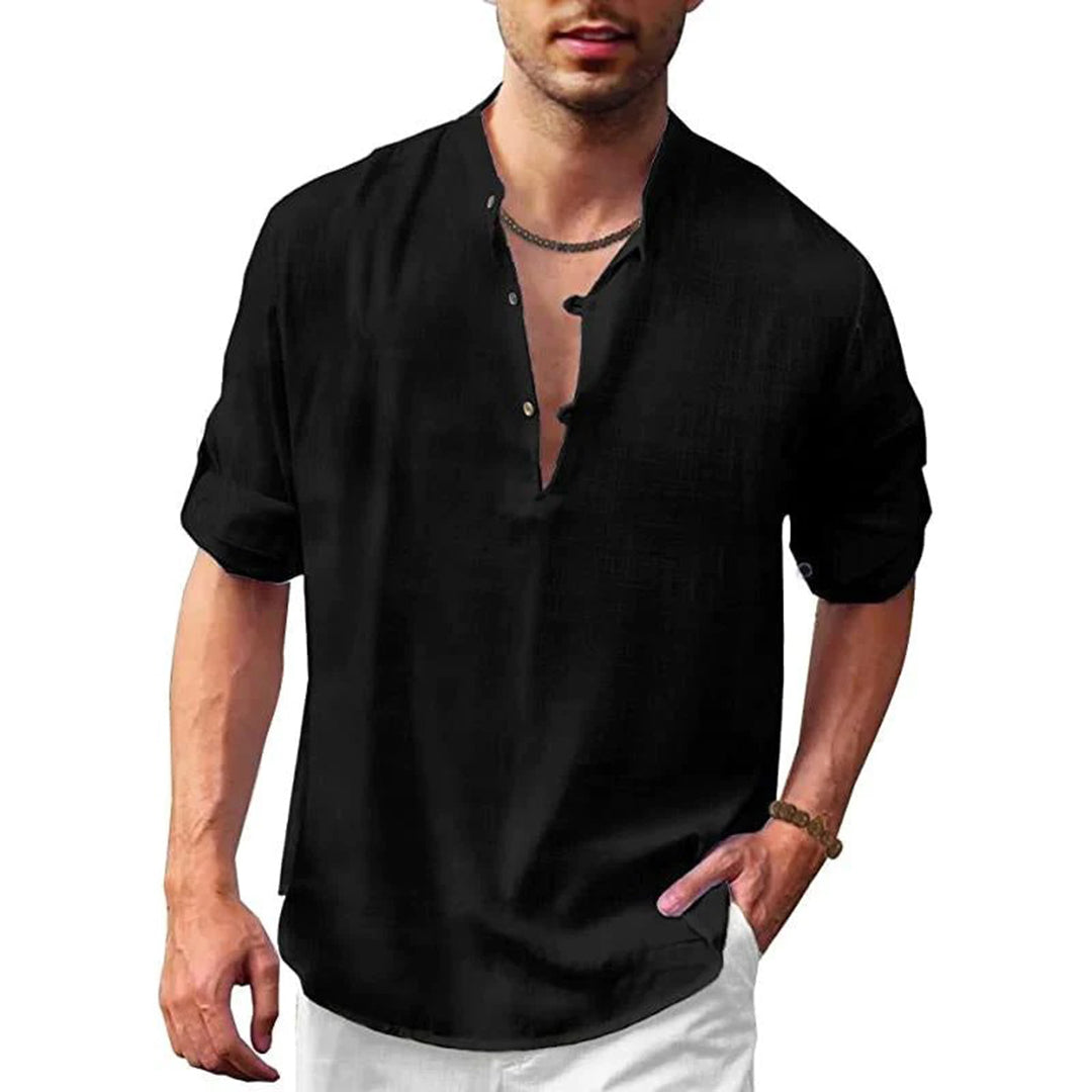 Linen Shirt - Men's Loose Fit Lightweight V-Neck Summer Shirt