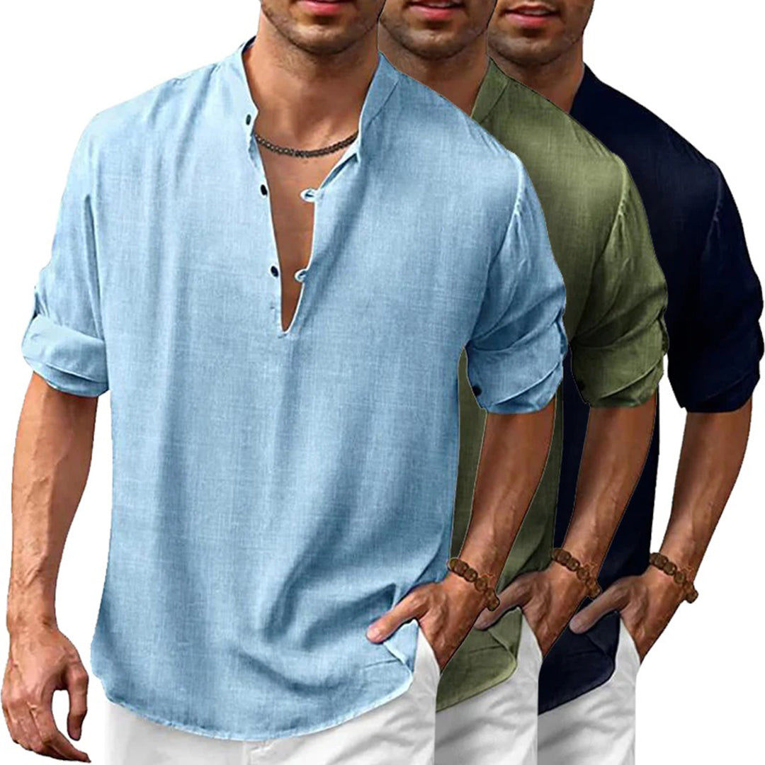 Linen Shirt - Men's Loose Fit Lightweight V-Neck Summer Shirt