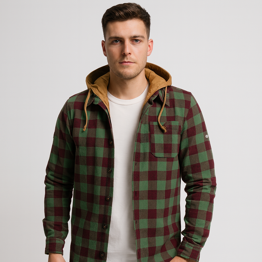 Hooded Overshirt - Button-Up - Breast Pockets - Plaid Hoodie - Men's Clothing